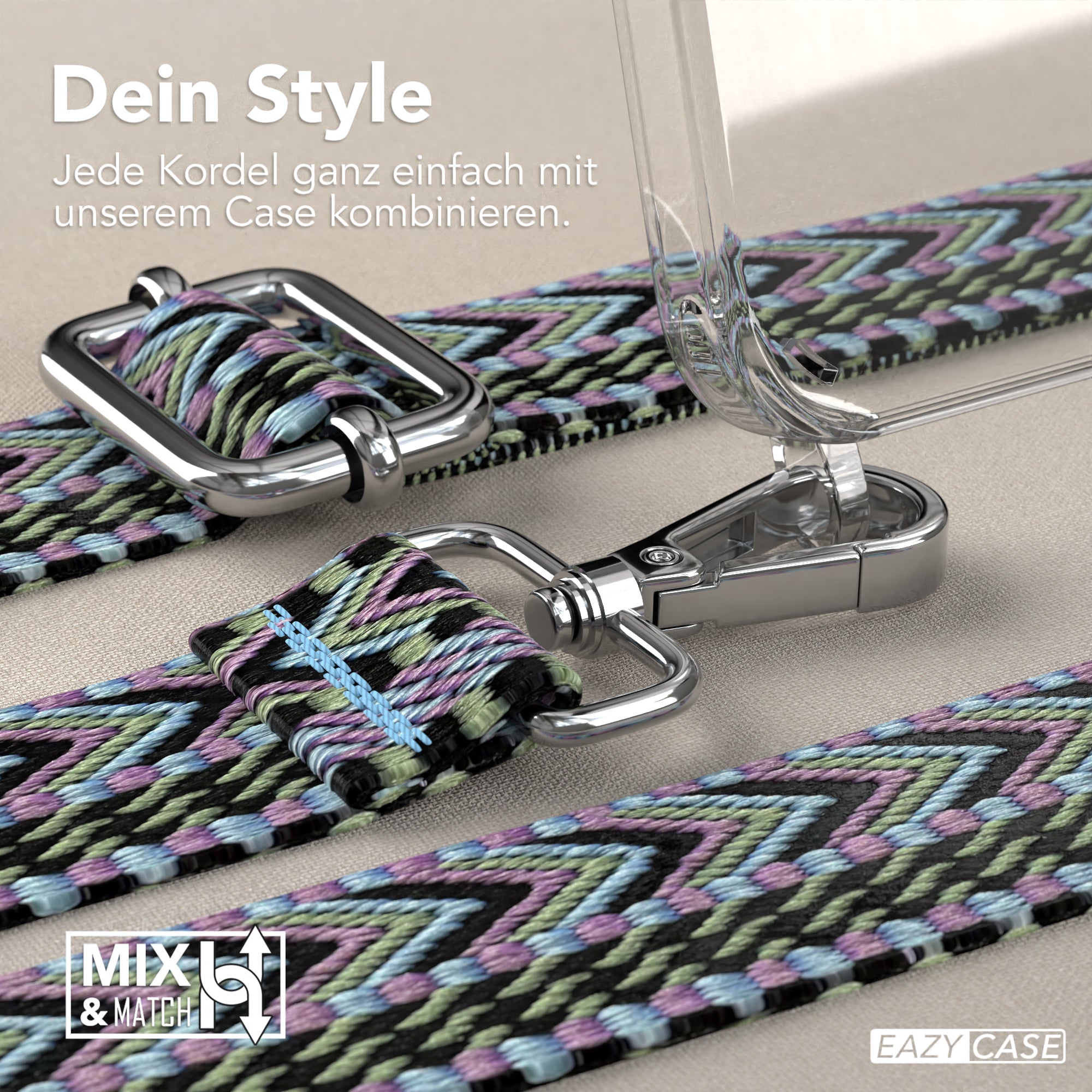 iPhone 15 Pro Handykette mit verstellbarem Boho Band von EAZY CASE #farbe-band_lila-grun_metallfarbe-silber
