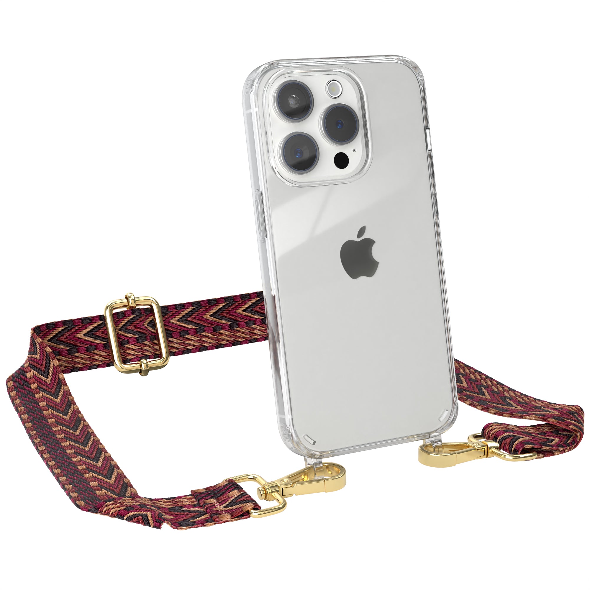 iPhone 15 Pro Handykette mit verstellbarem Boho Band von EAZY CASE #farbe-band_rot-braun_metallfarbe-gold