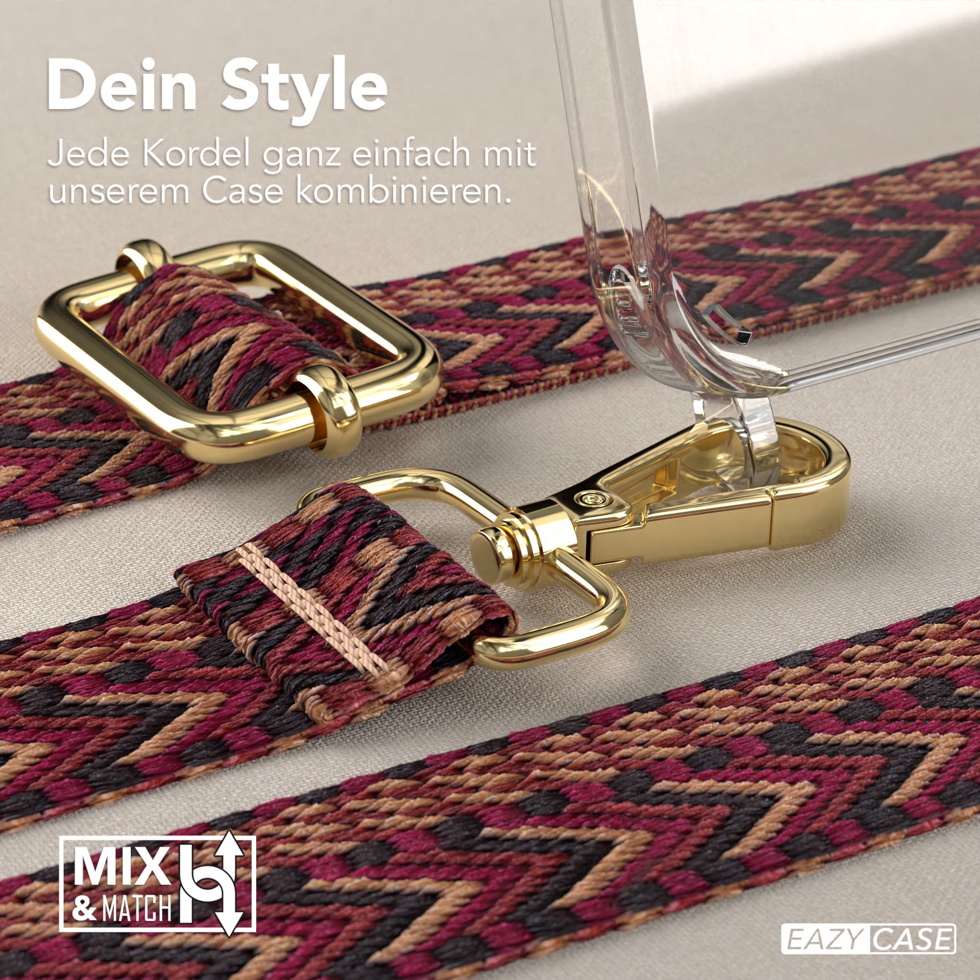 iPhone 15 Pro Handykette mit verstellbarem Boho Band von EAZY CASE #farbe-band_rot-braun_metallfarbe-gold