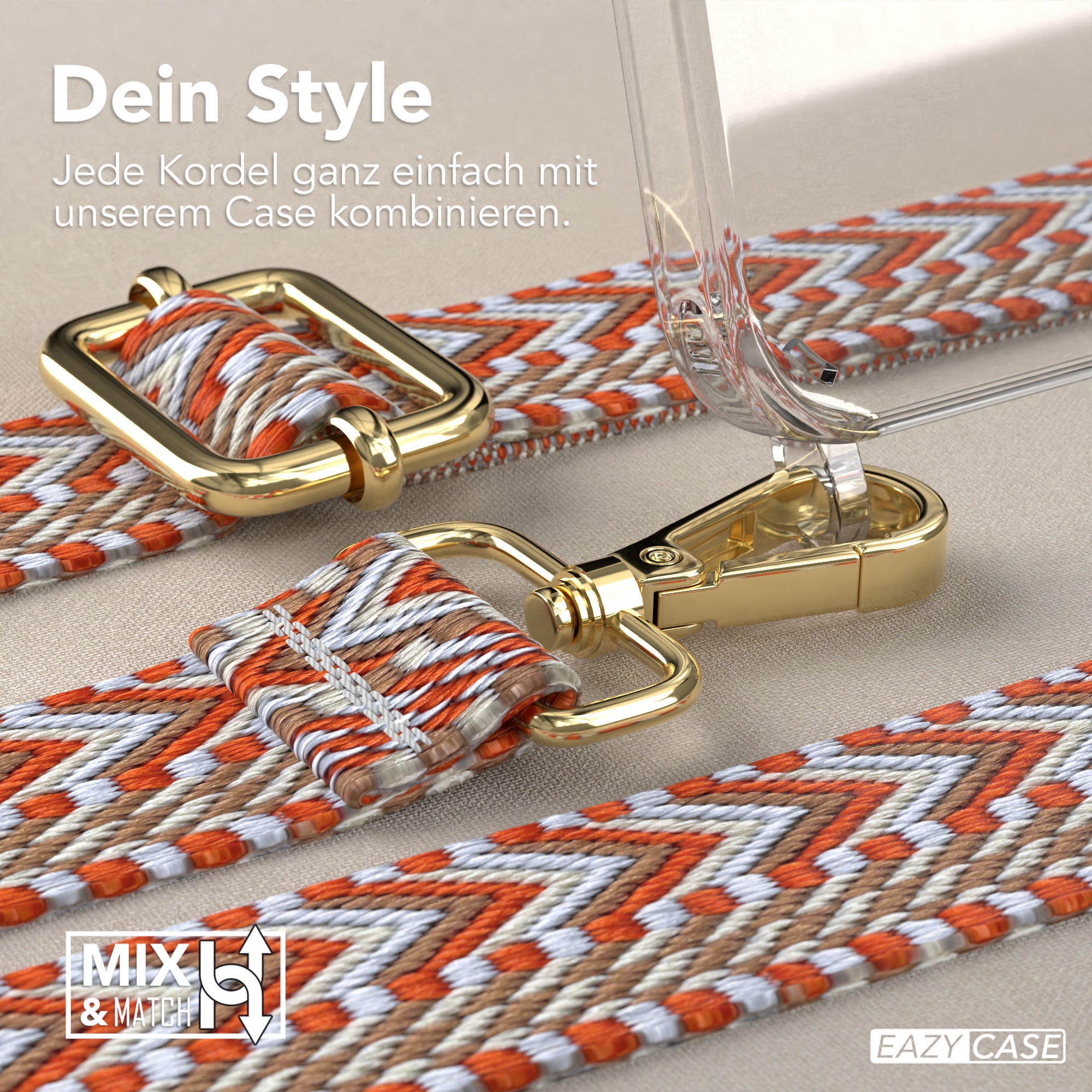 iPhone 15 Pro Handykette mit verstellbarem Boho Band von EAZY CASE #farbe-band_hellblau-rot_metallfarbe-gold