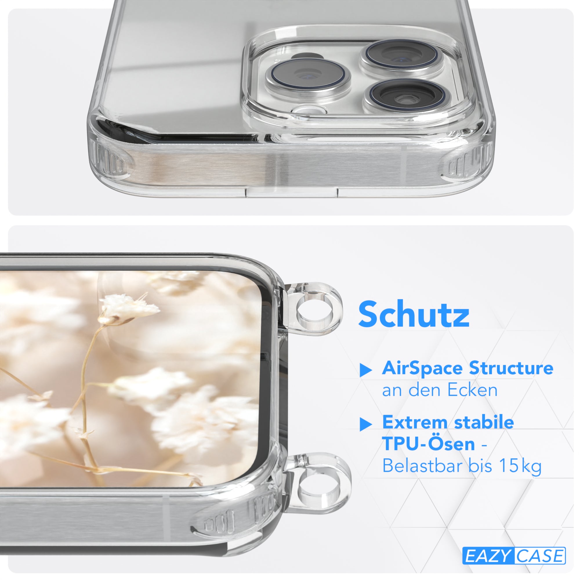 iPhone 15 Pro Handykette mit verstellbarem Boho Band von EAZY CASE #farbe-band_hellblau-rot_metallfarbe-gold