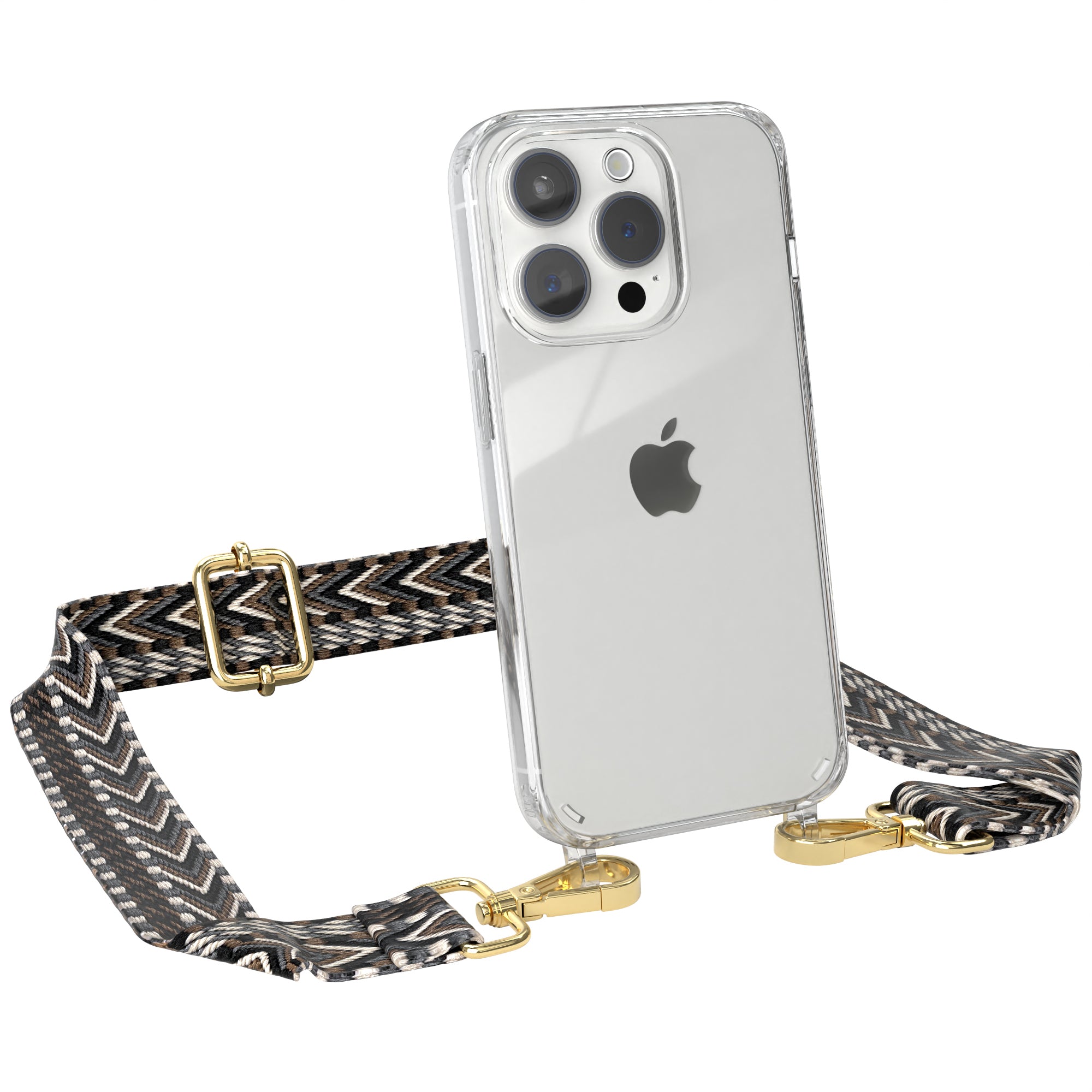 iPhone 15 Pro Handykette mit verstellbarem Boho Band von EAZY CASE #farbe-band_grau-schwarz_metallfarbe-gold