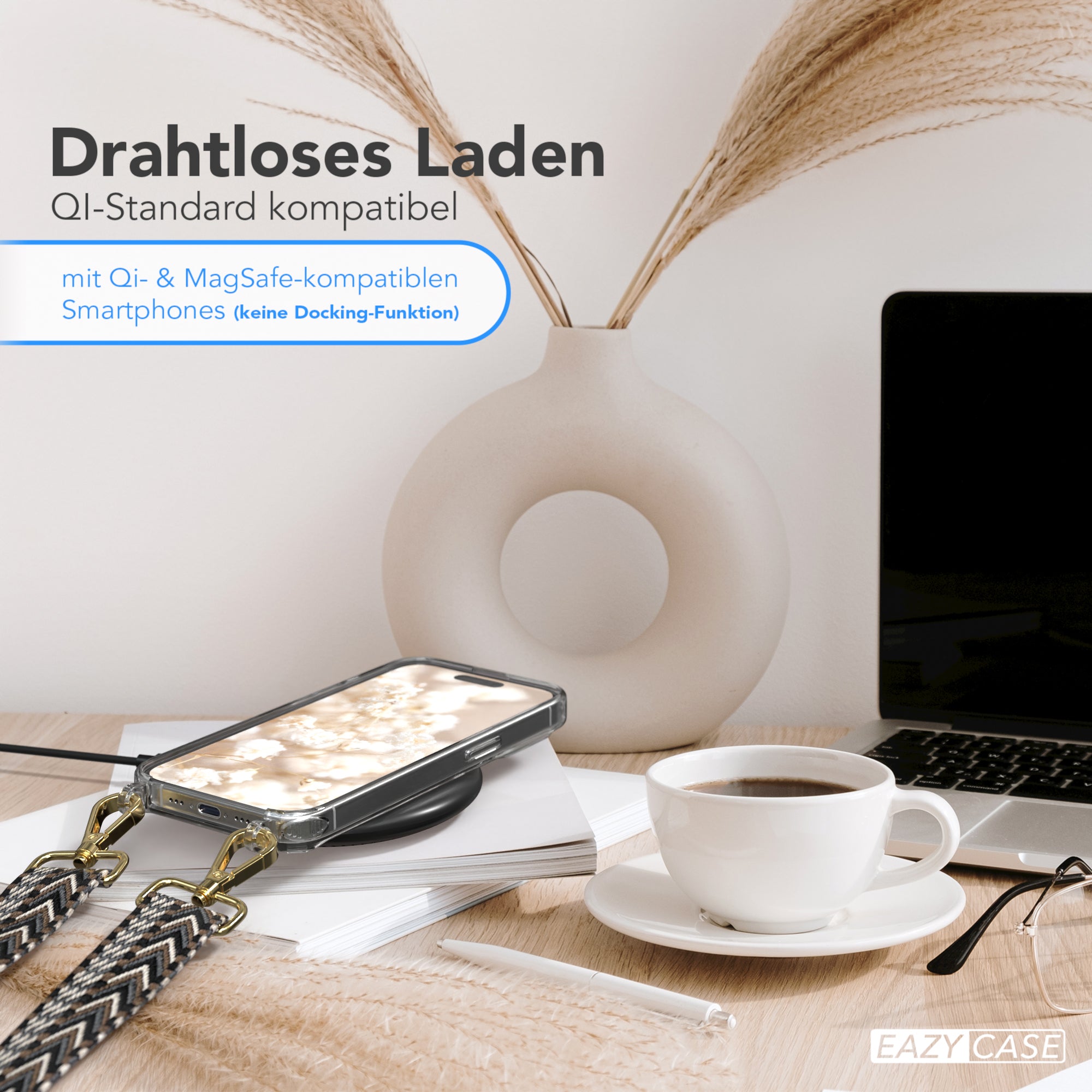 iPhone 15 Pro Handykette mit verstellbarem Boho Band von EAZY CASE #farbe-band_grau-schwarz_metallfarbe-gold