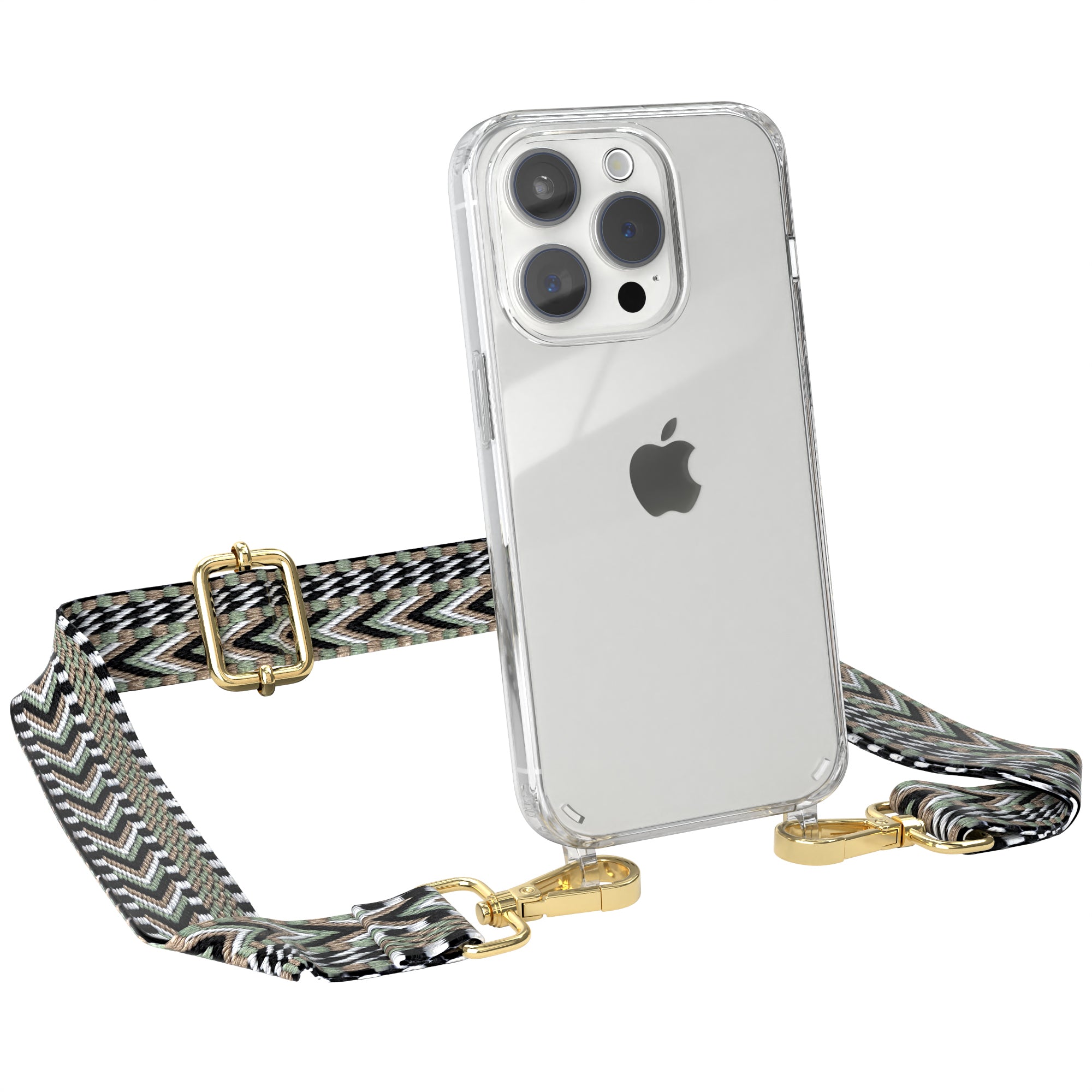 iPhone 15 Pro Handykette mit verstellbarem Boho Band von EAZY CASE #farbe-band_grun-schwarz_metallfarbe-gold