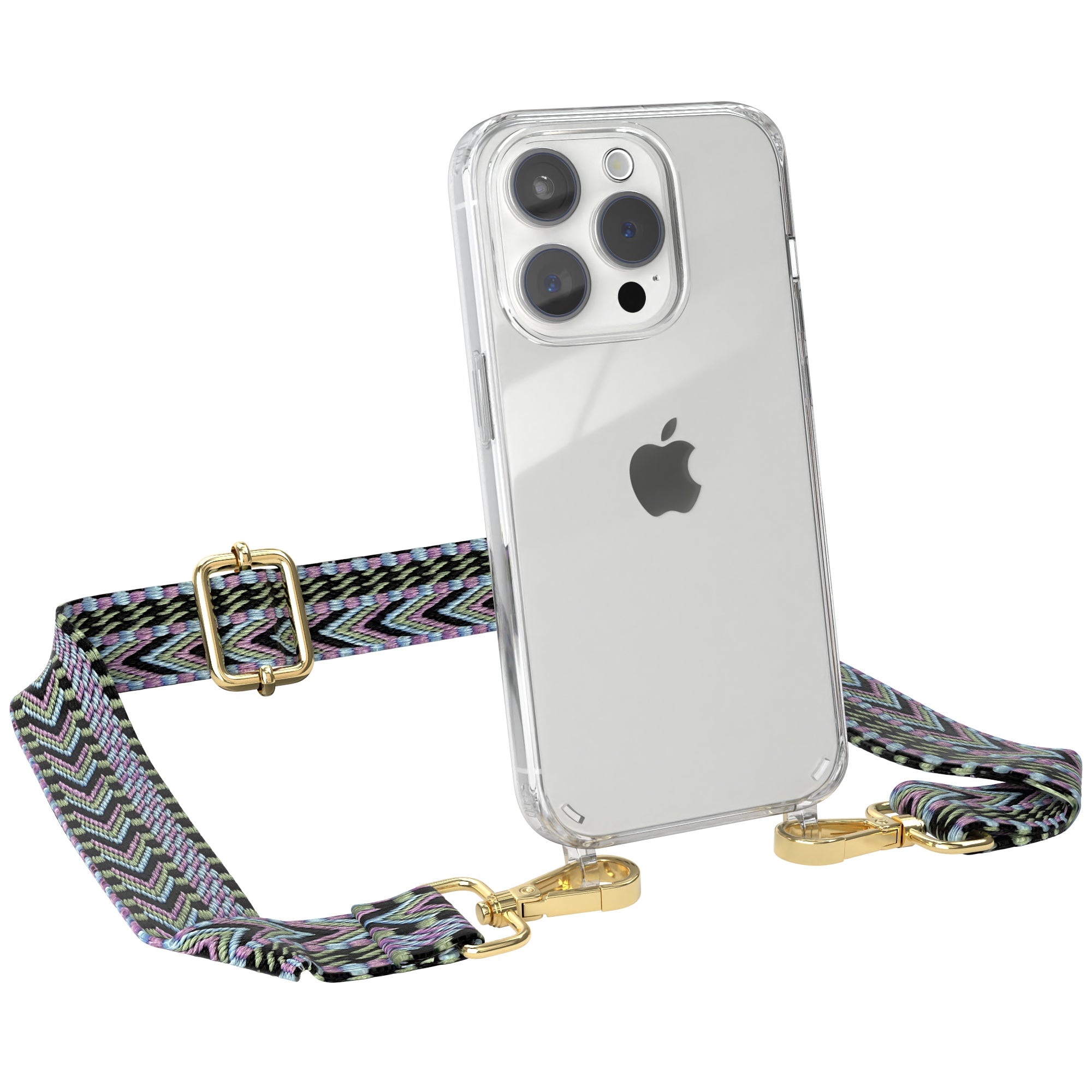 iPhone 15 Pro Handykette mit verstellbarem Boho Band von EAZY CASE #farbe-band_lila-grun_metallfarbe-gold