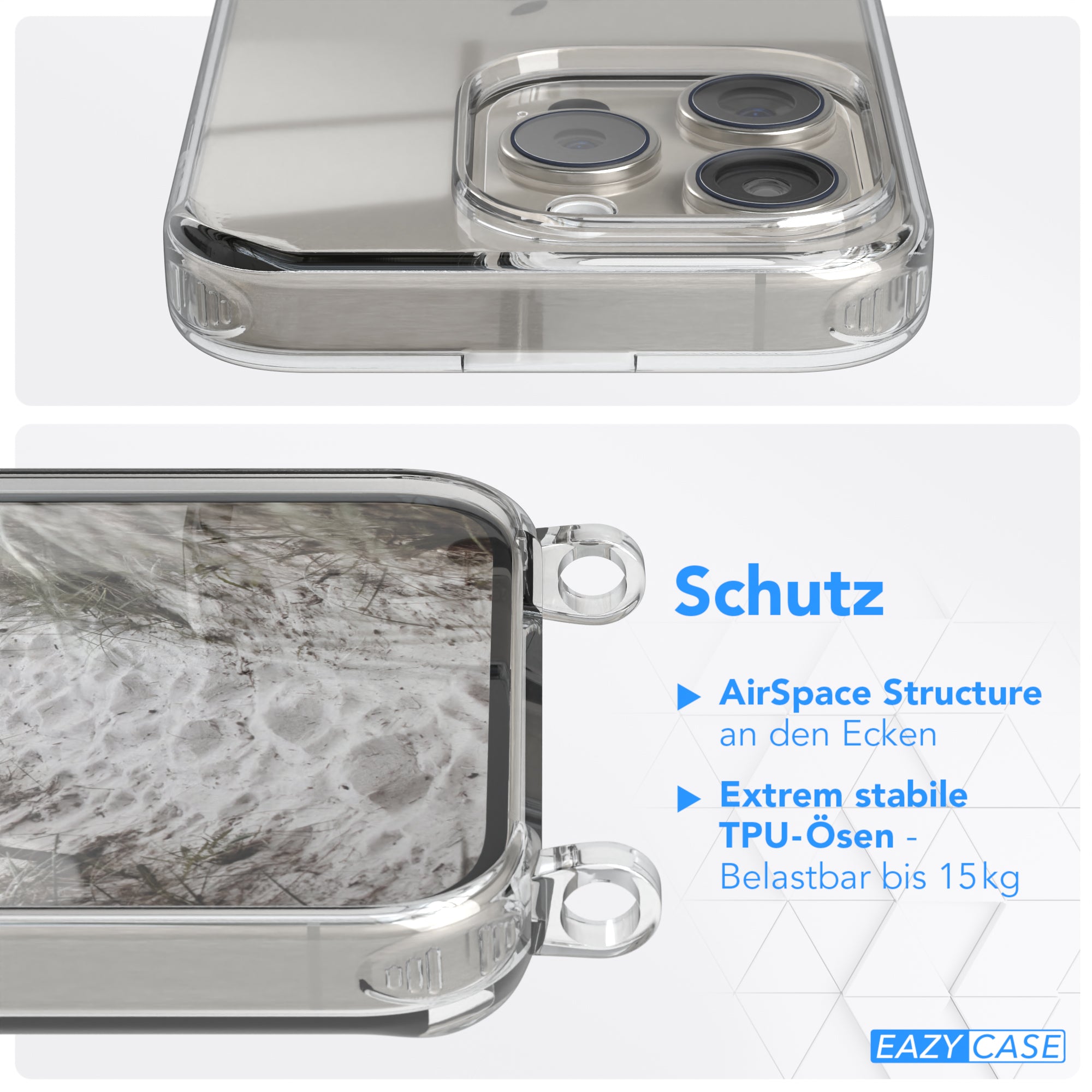 iPhone 15 Pro Hülle + Kordel mit Karabinern