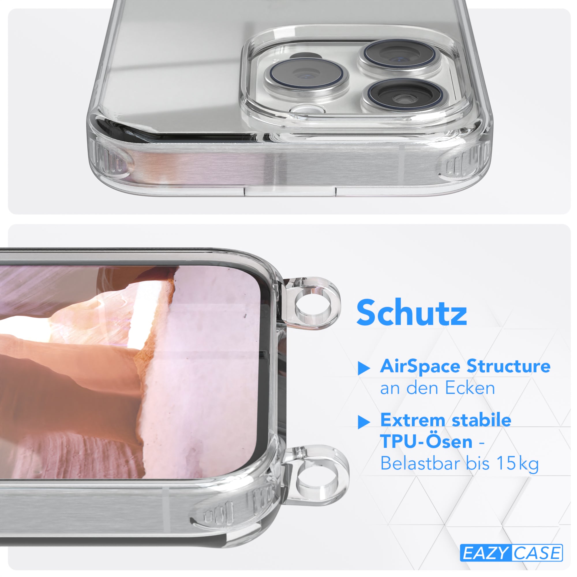 iPhone 15 Pro Hülle + Kordel mit Karabinern