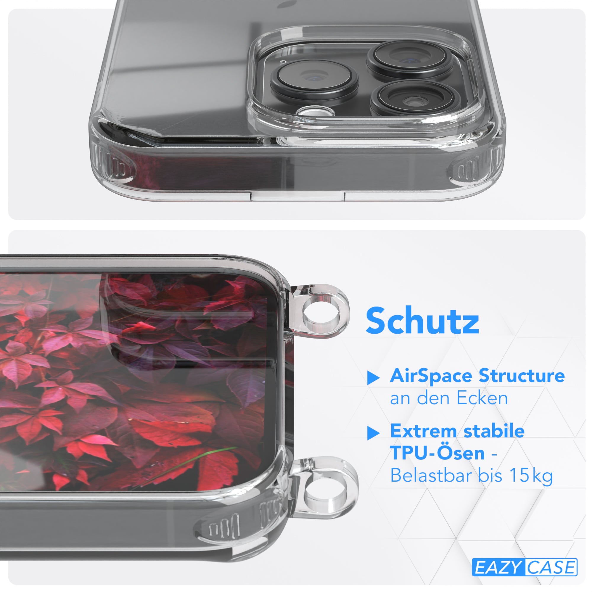 iPhone 15 Pro Hülle + Kordel mit Karabinern