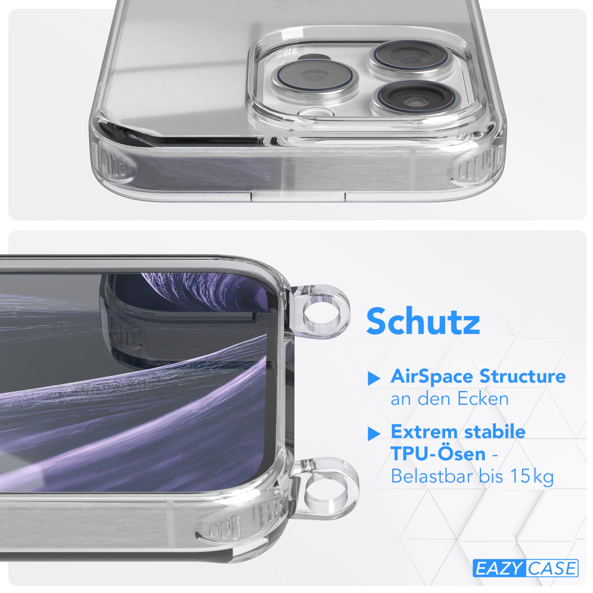 iPhone 15 Pro Hülle + Kordel mit Karabinern