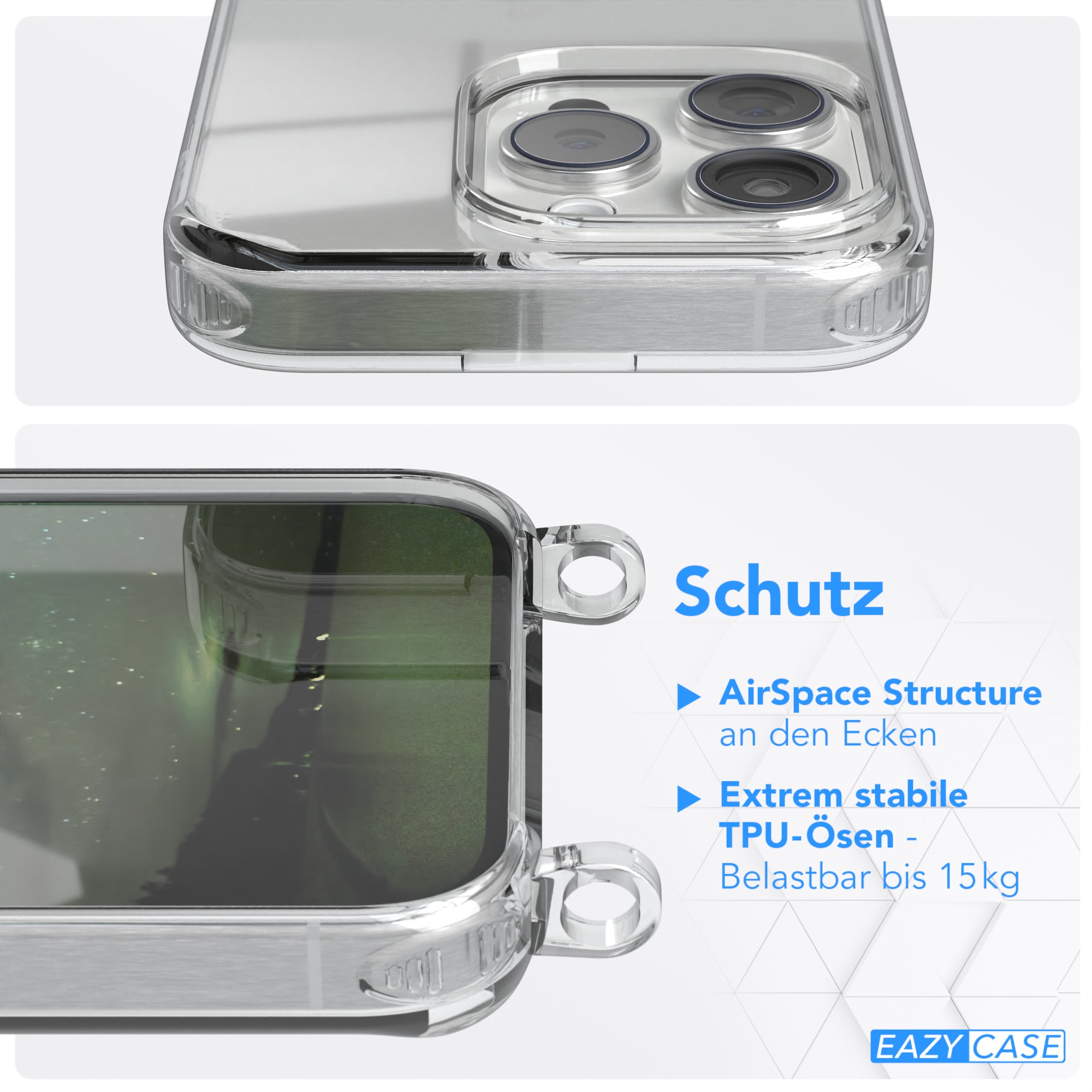 iPhone 15 Pro Hülle + Kordel mit Karabinern