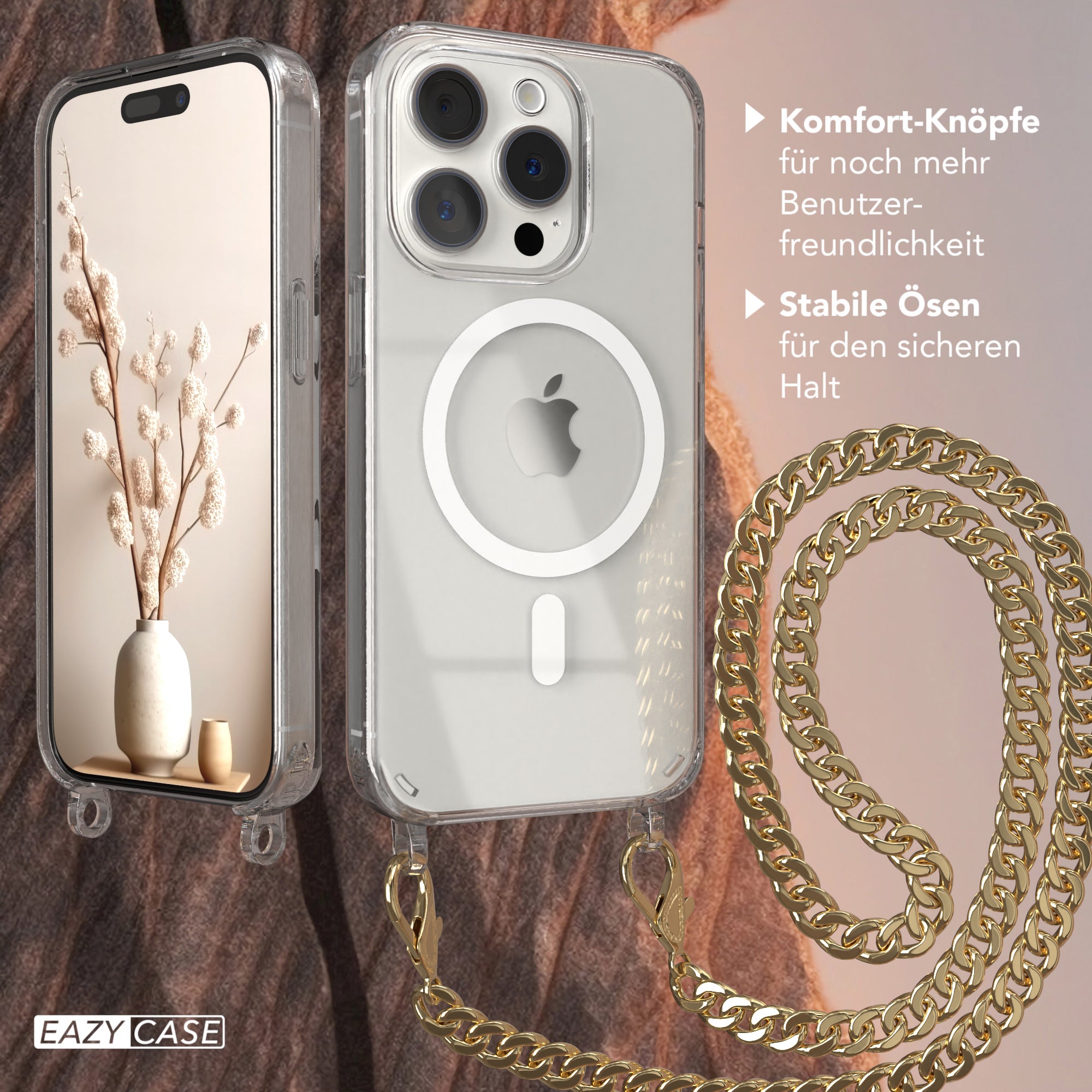 iPhone 15 Pro Hülle mit Metallkette + Schwarze Kordel mit MagSafe