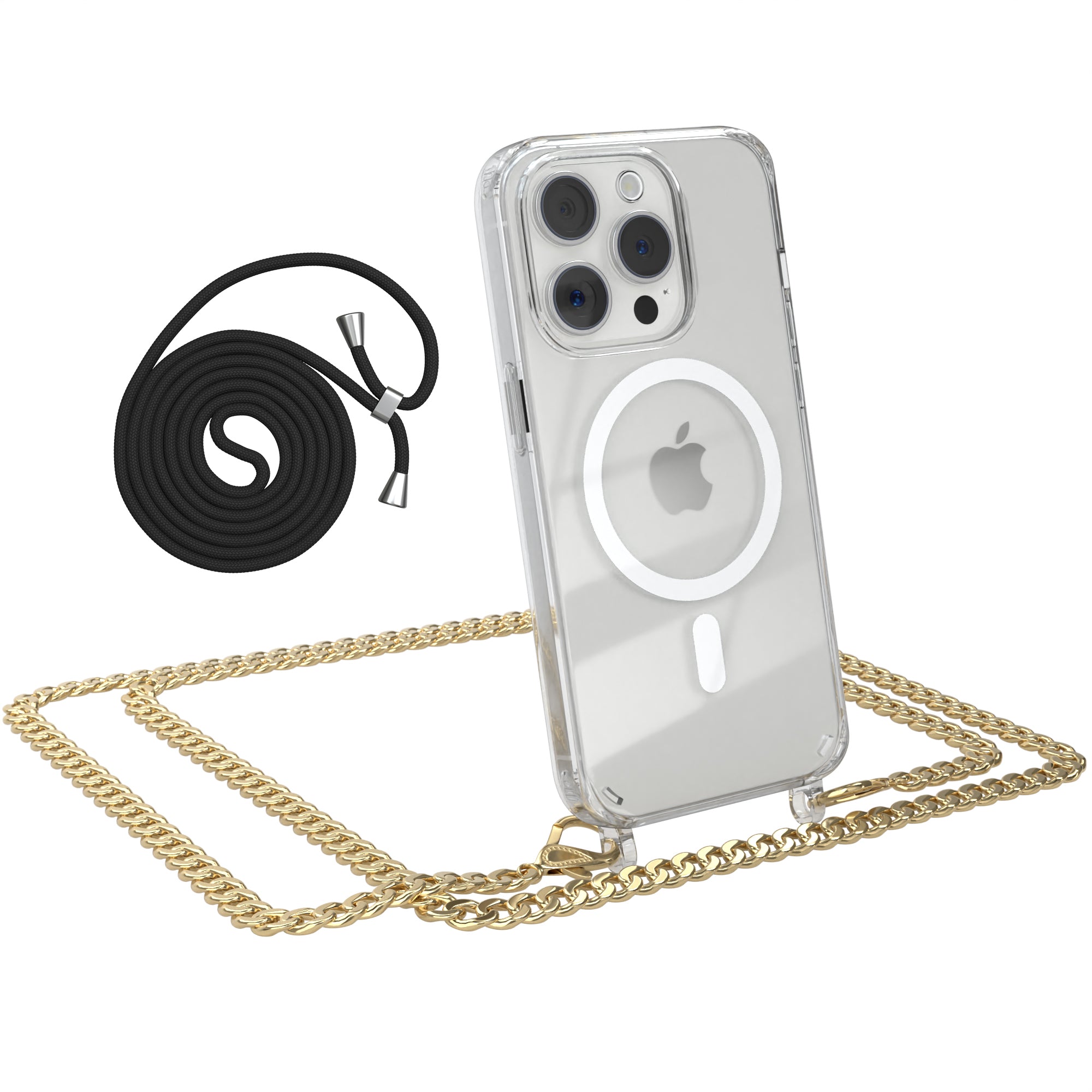 iPhone 15 Pro Hülle mit Metallkette + Schwarze Kordel mit MagSafe