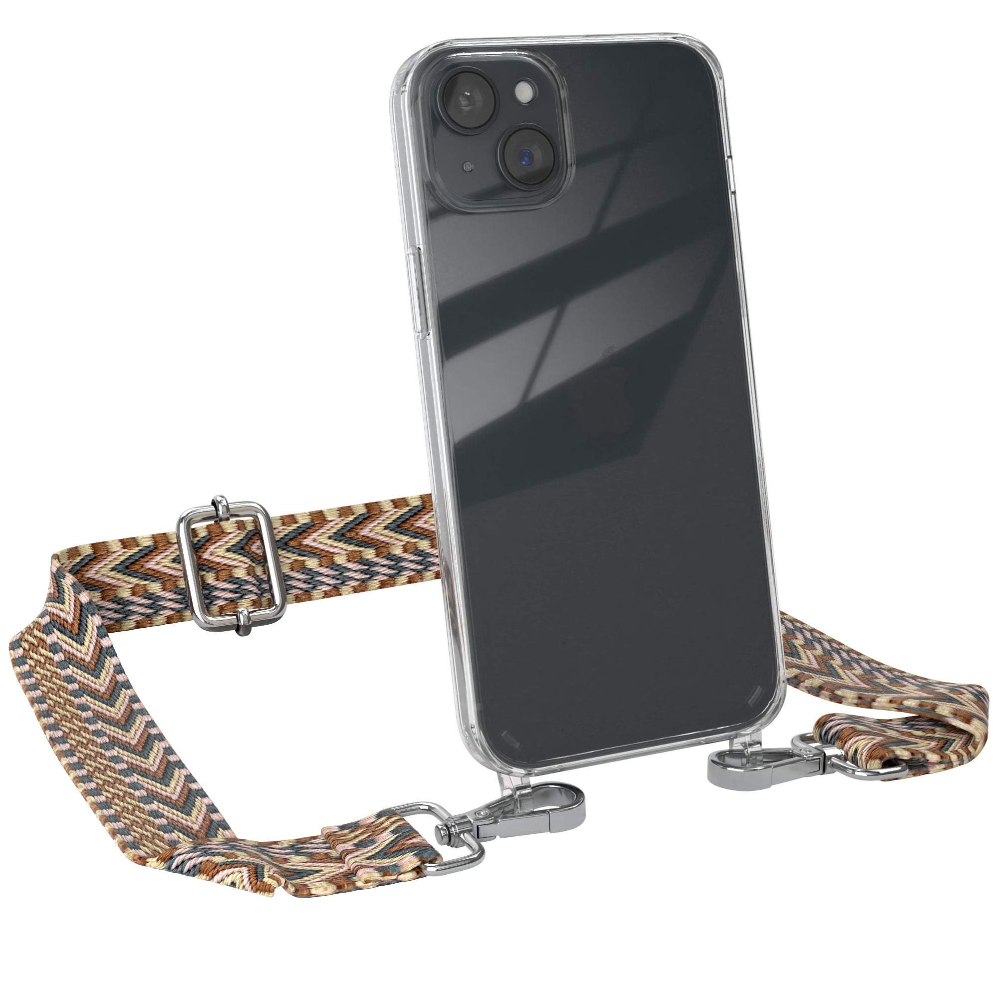 iPhone 15 Plus Handykette mit Boho Band von EAZY CASE #farbe-band_hellbraun-braun_metallfarbe-silber