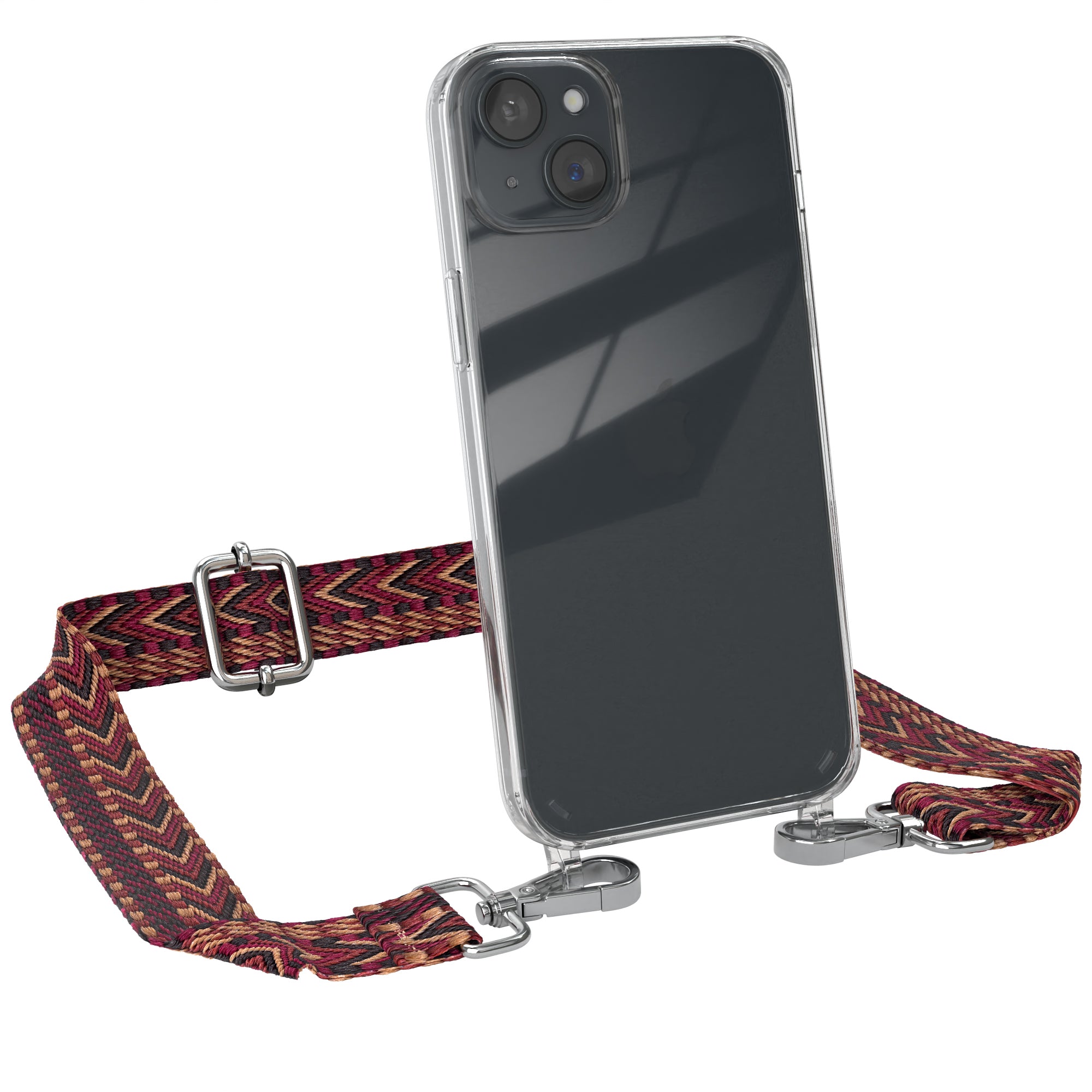 iPhone 15 Plus Handykette mit Boho Band von EAZY CASE #farbe-band_rot-braun_metallfarbe-silber