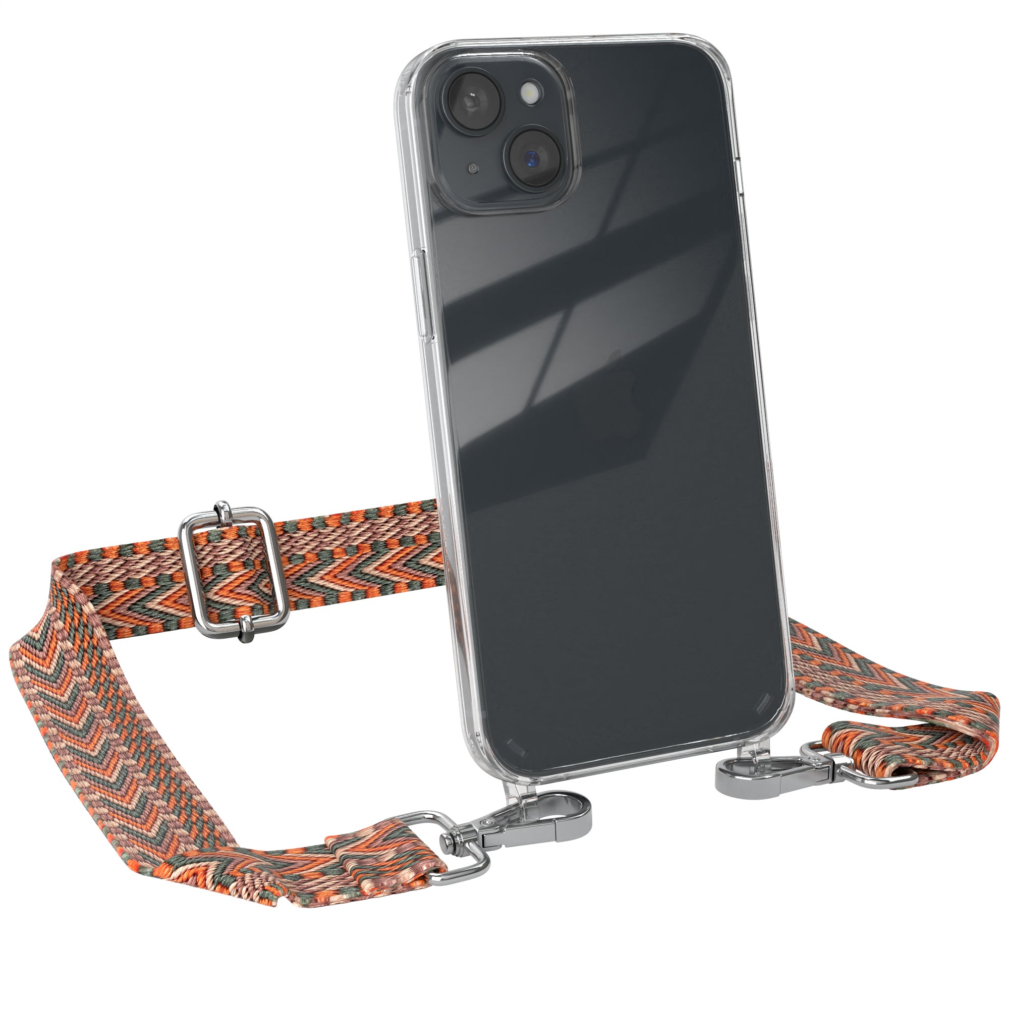 iPhone 15 Plus Handykette mit Boho Band von EAZY CASE #farbe-band_orange-grun_metallfarbe-silber
