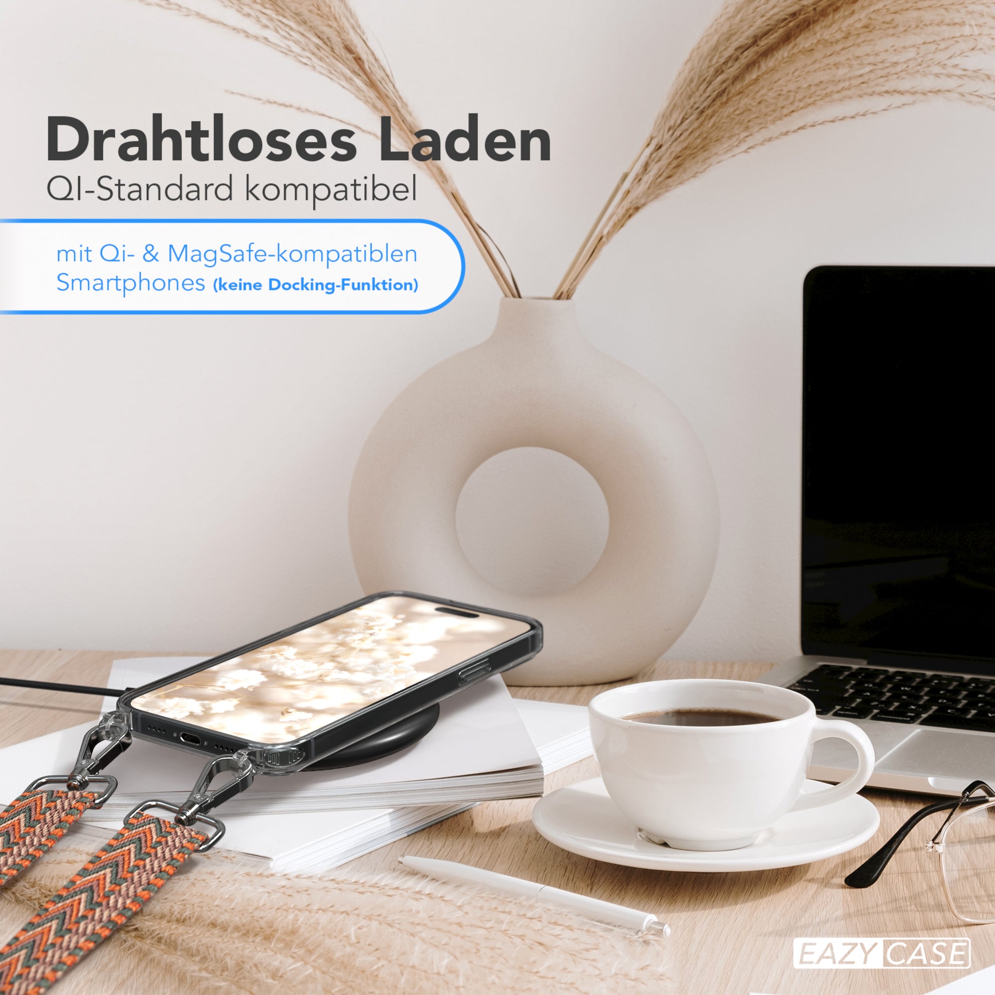 iPhone 15 Plus Handykette mit Boho Band von EAZY CASE #farbe-band_orange-grun_metallfarbe-silber