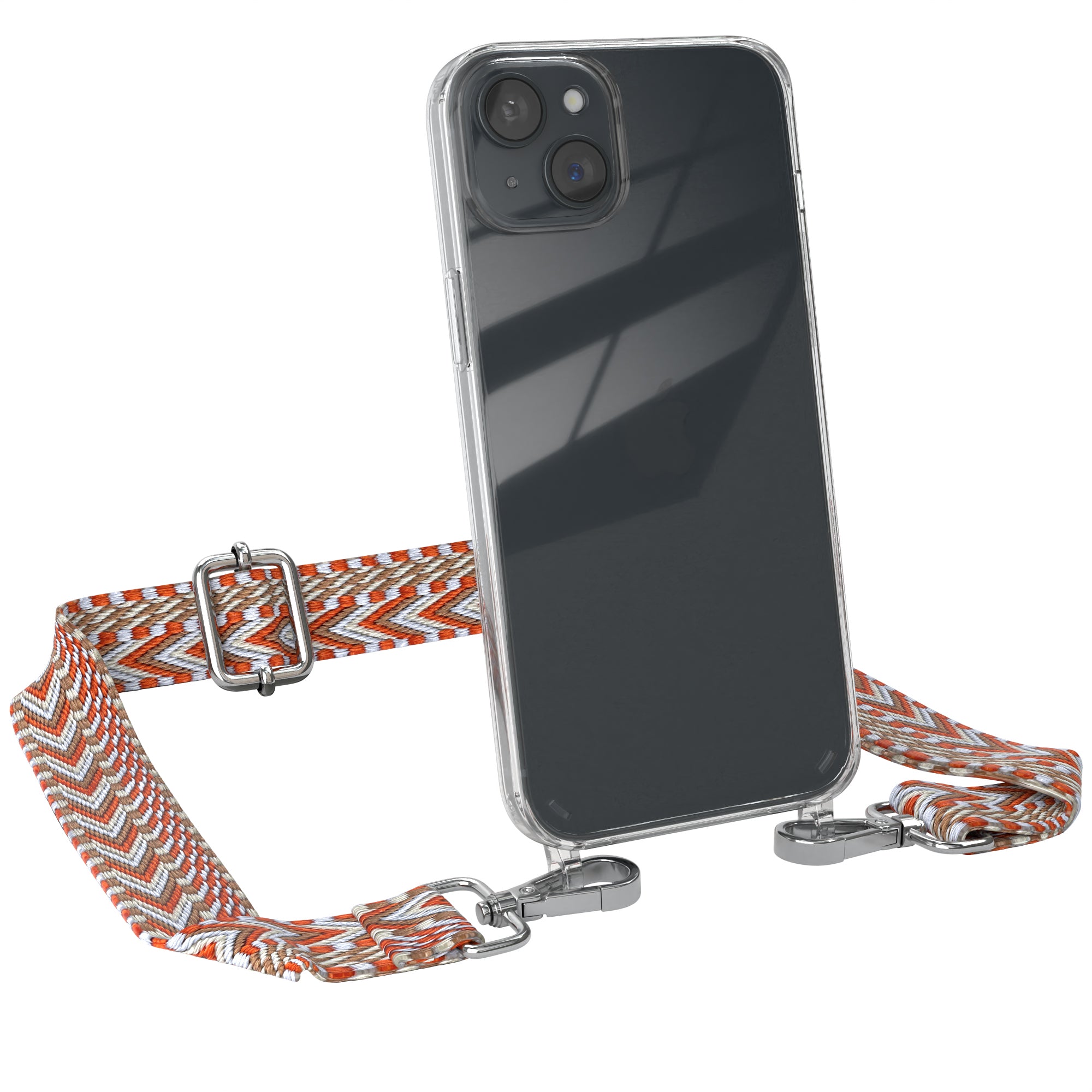 iPhone 15 Plus Handykette mit Boho Band von EAZY CASE #farbe-band_hellblau-rot_metallfarbe-silber