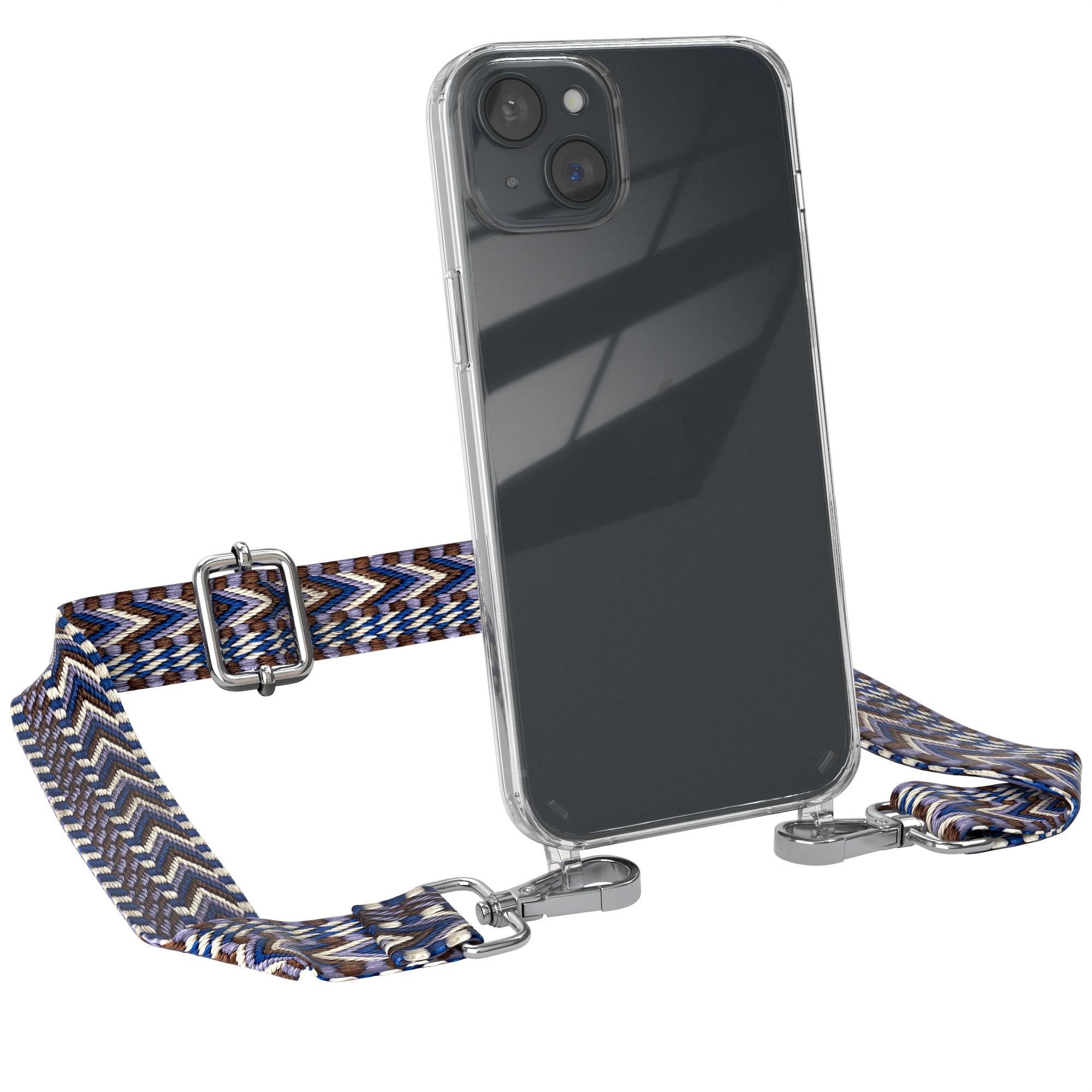 iPhone 15 Plus Handykette mit Boho Band von EAZY CASE #farbe-band_blau-weis_metallfarbe-silber
