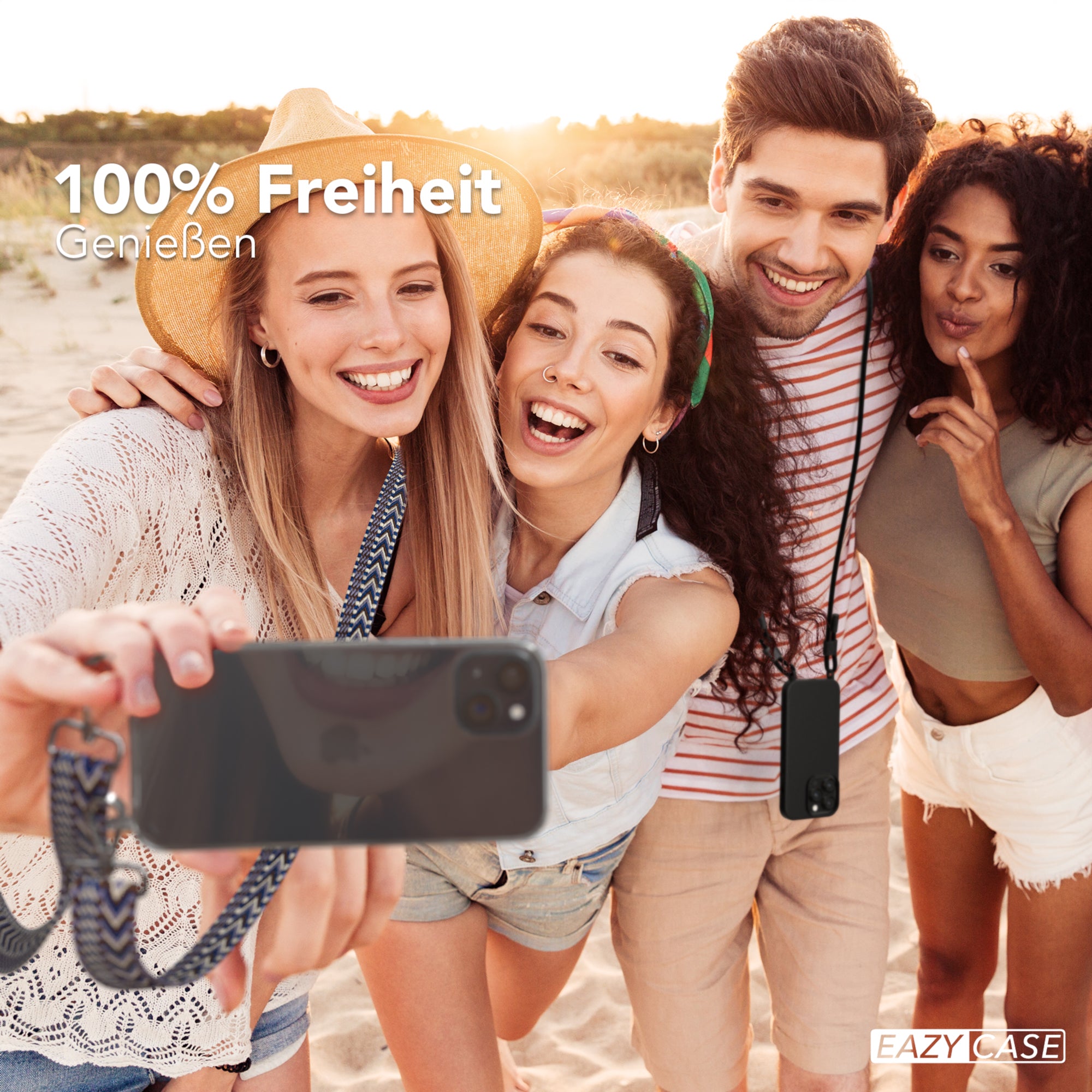iPhone 15 Plus Handykette mit Boho Band von EAZY CASE #farbe-band_blau-weis_metallfarbe-silber