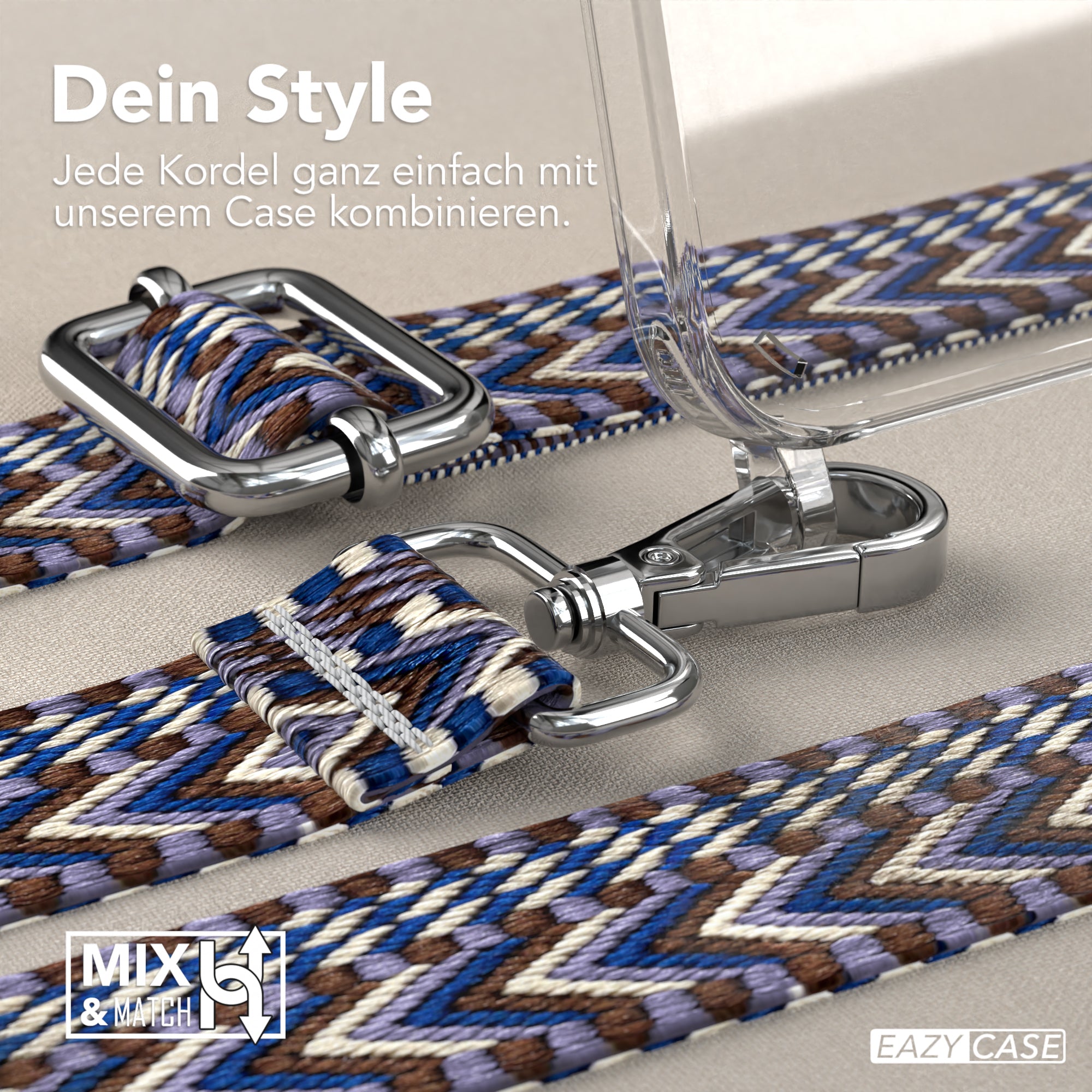 iPhone 15 Plus Handykette mit Boho Band von EAZY CASE #farbe-band_blau-weis_metallfarbe-silber