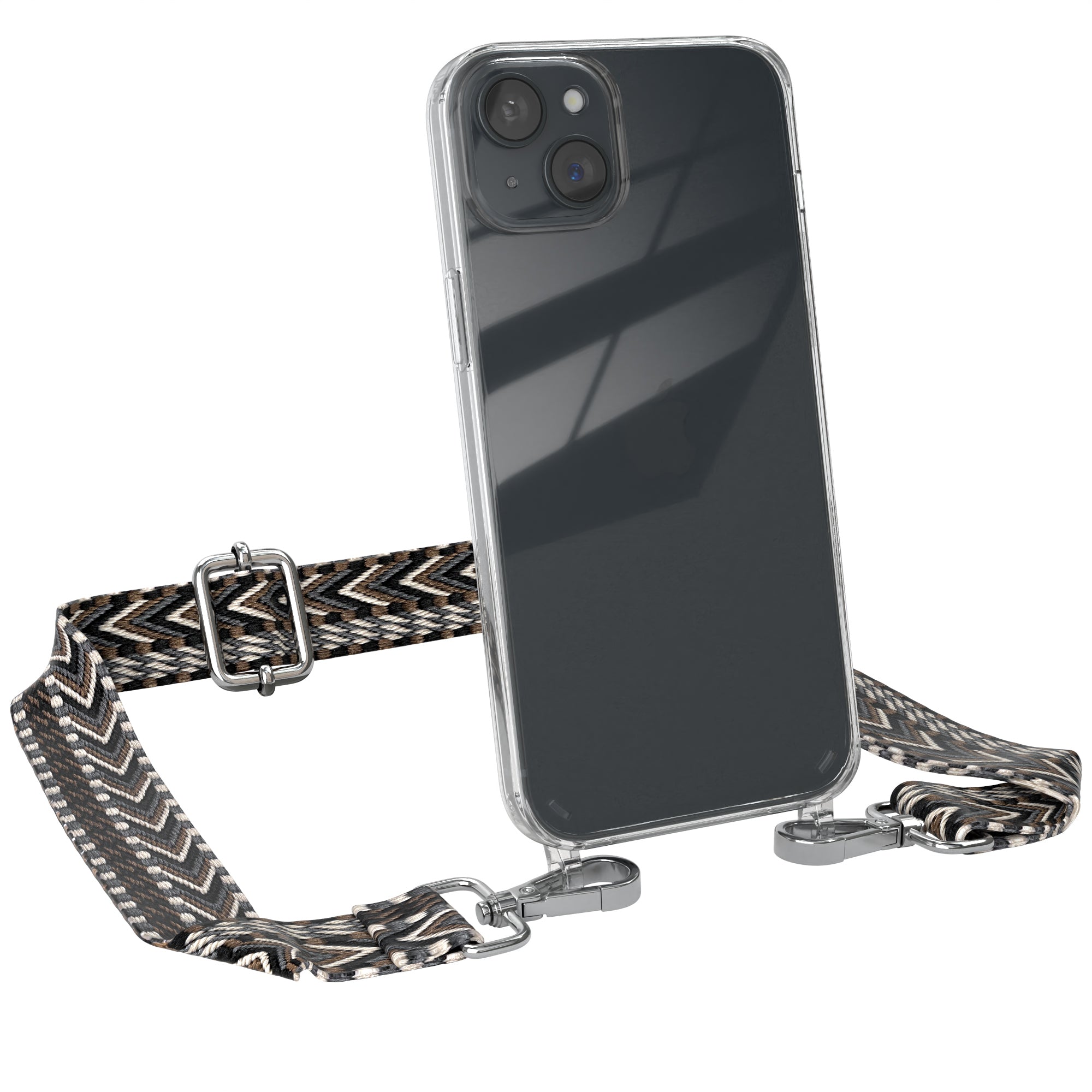 iPhone 15 Plus Handykette mit Boho Band von EAZY CASE #farbe-band_grau-schwarz_metallfarbe-silber