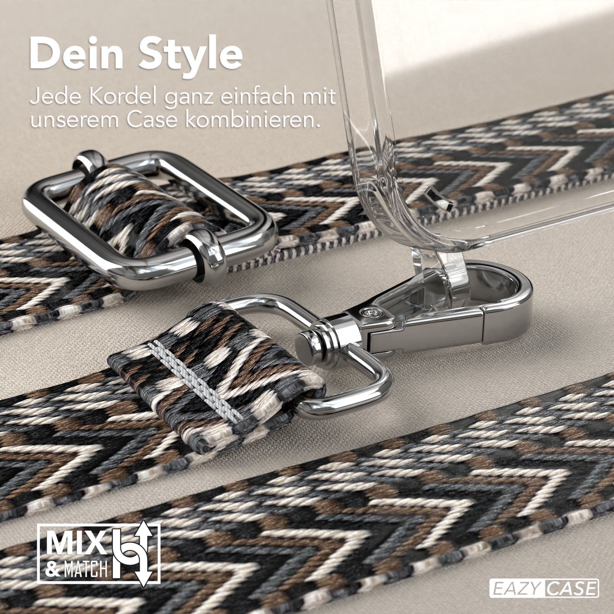 iPhone 15 Plus Handykette mit Boho Band von EAZY CASE #farbe-band_grau-schwarz_metallfarbe-silber