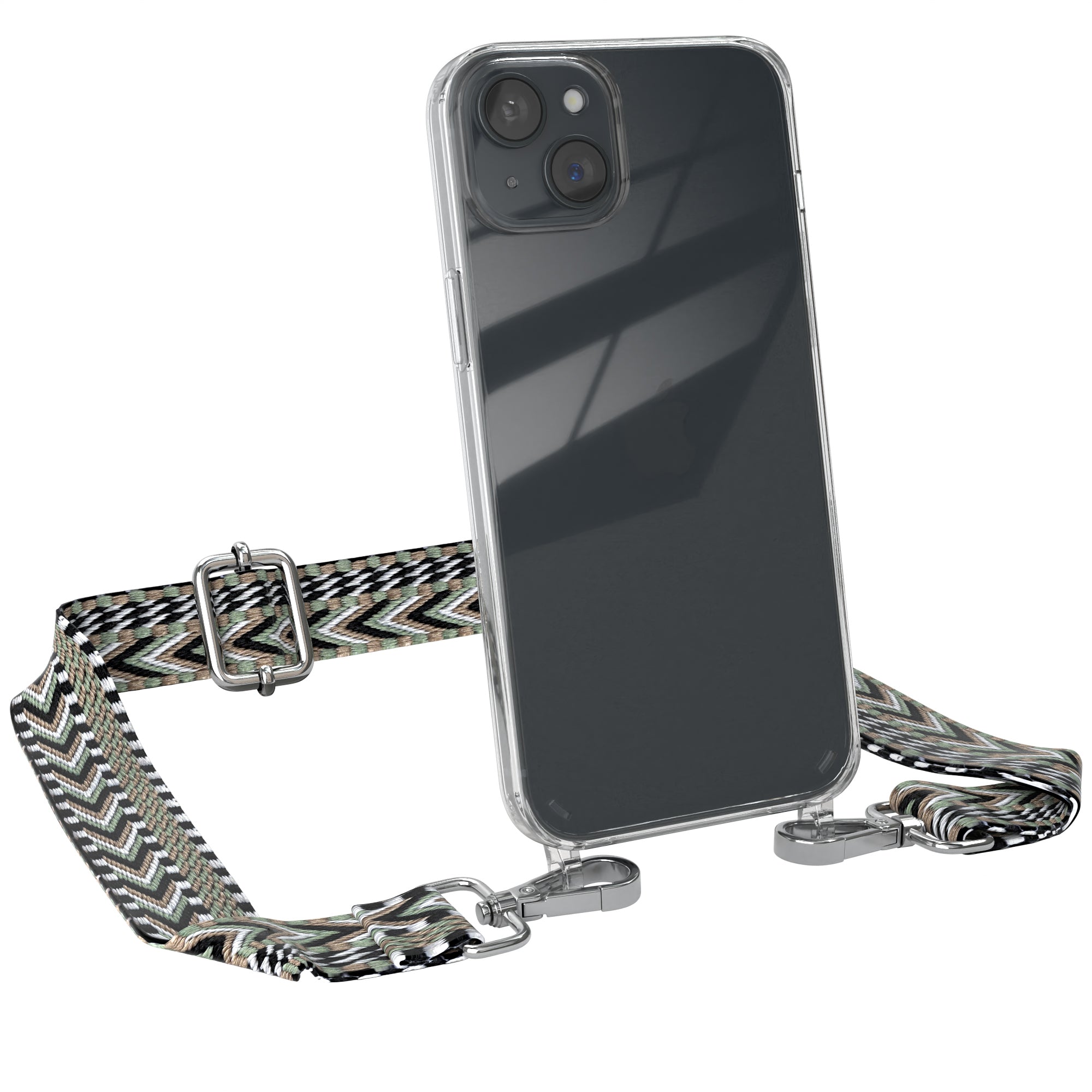 iPhone 15 Plus Handykette mit Boho Band von EAZY CASE #farbe-band_grun-schwarz_metallfarbe-silber