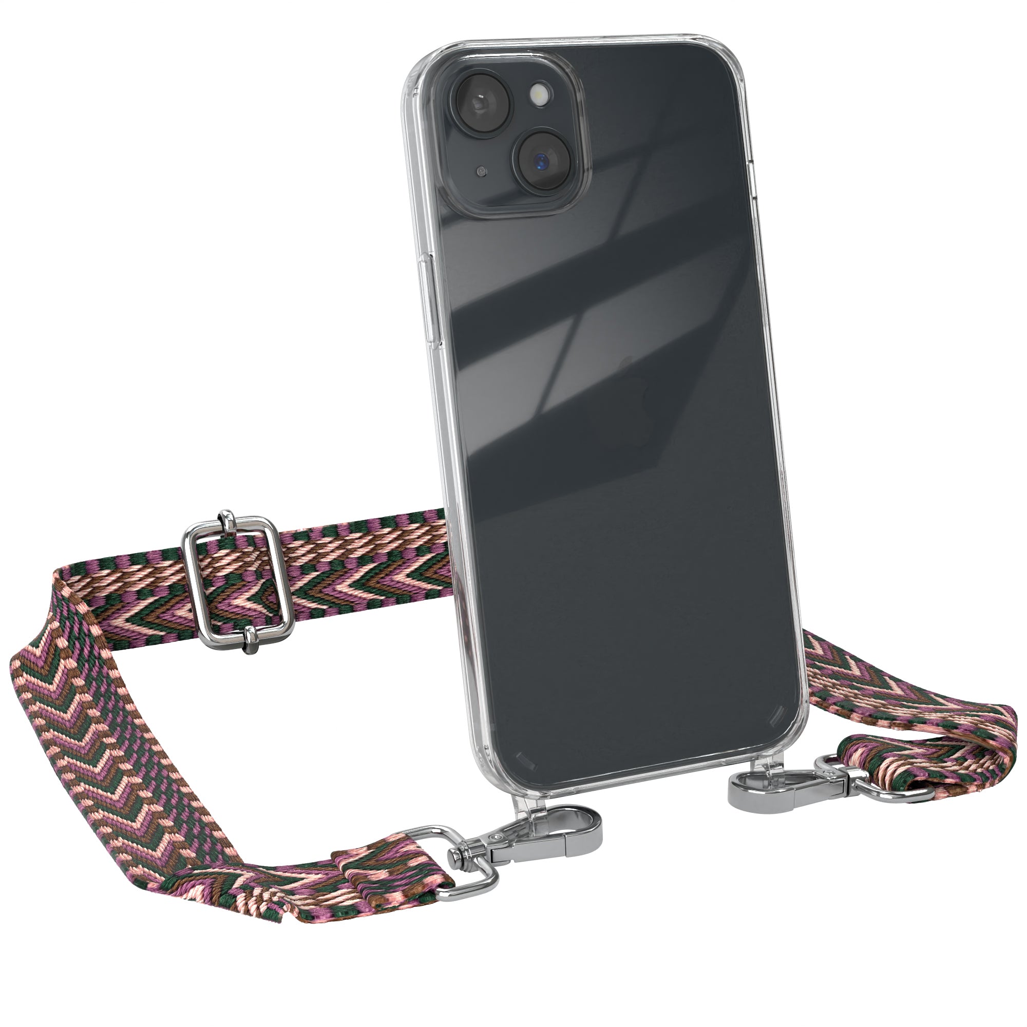 iPhone 15 Plus Handykette mit Boho Band von EAZY CASE #farbe-band_beere-rosa_metallfarbe-silber