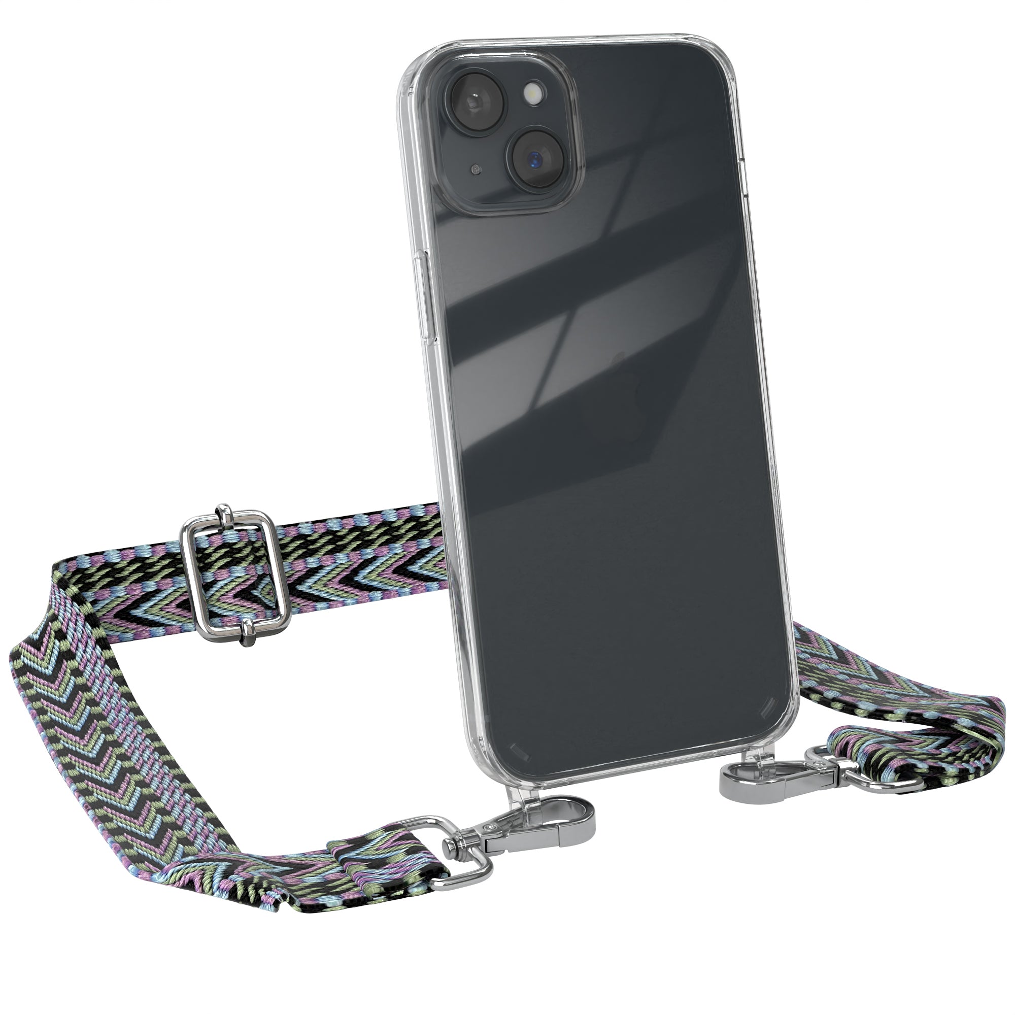 iPhone 15 Plus Handykette mit Boho Band von EAZY CASE #farbe-band_lila-grun_metallfarbe-silber