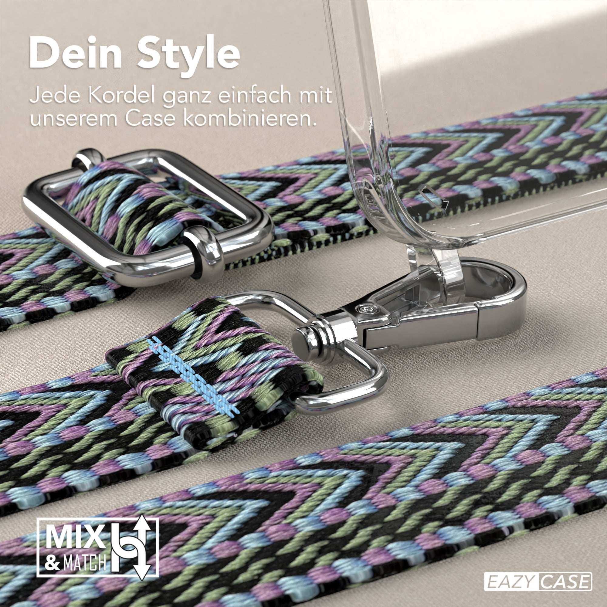 iPhone 15 Plus Handykette mit Boho Band von EAZY CASE #farbe-band_lila-grun_metallfarbe-silber