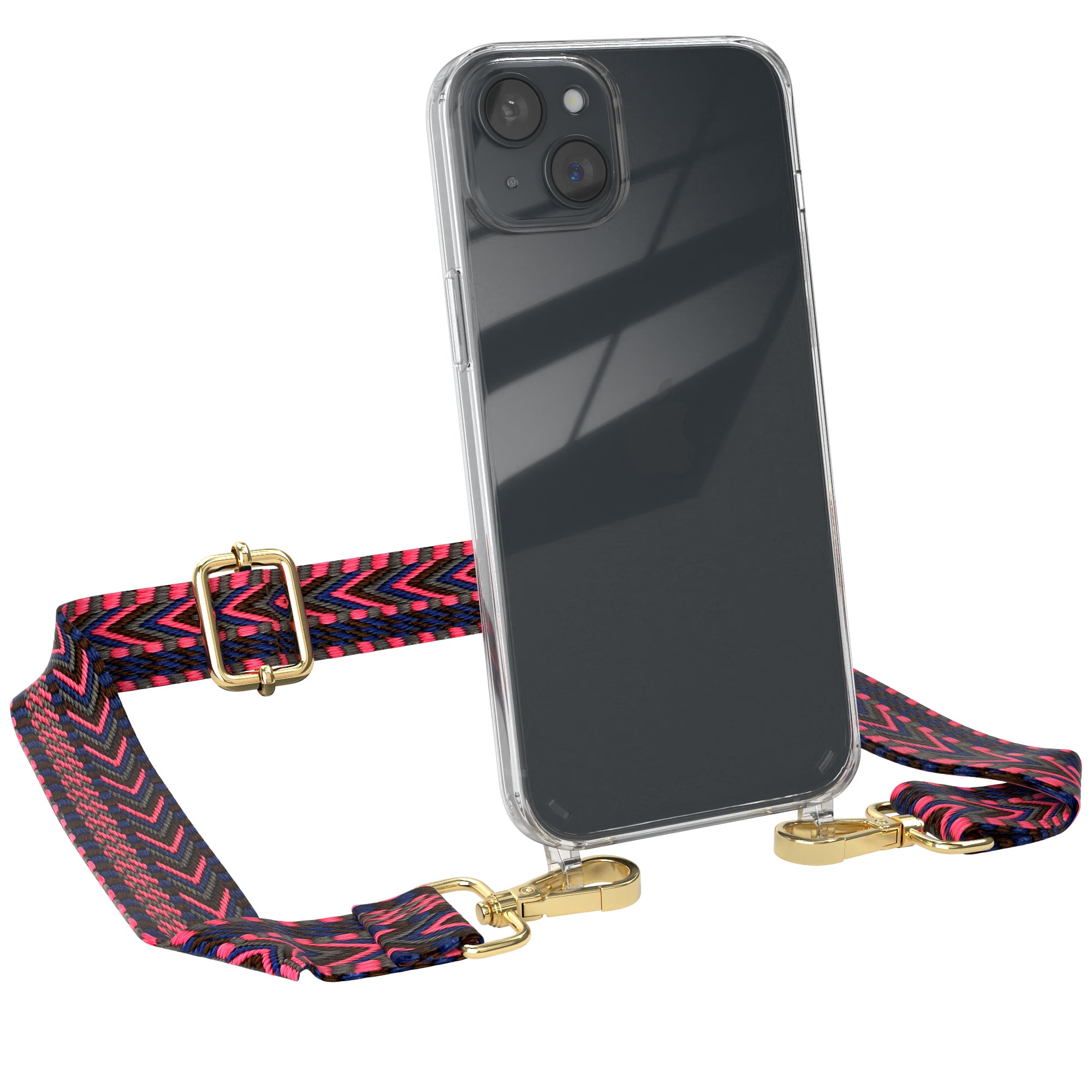 iPhone 15 Plus Handykette mit Boho Band von EAZY CASE #farbe-band_pink-blau_metallfarbe-gold
