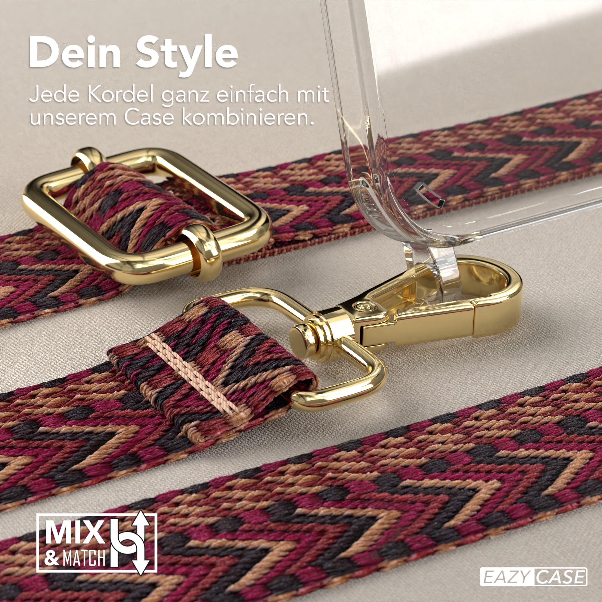 iPhone 15 Plus Handykette mit Boho Band von EAZY CASE #farbe-band_rot-braun_metallfarbe-gold