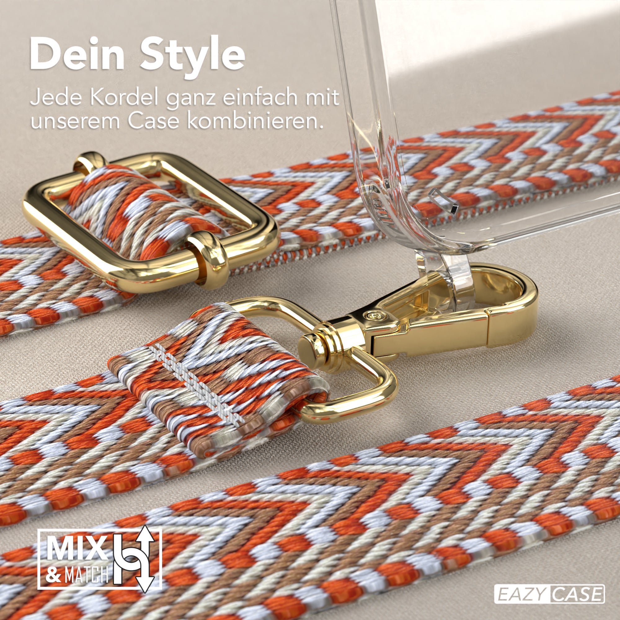 iPhone 15 Plus Handykette mit Boho Band von EAZY CASE #farbe-band_hellblau-rot_metallfarbe-gold