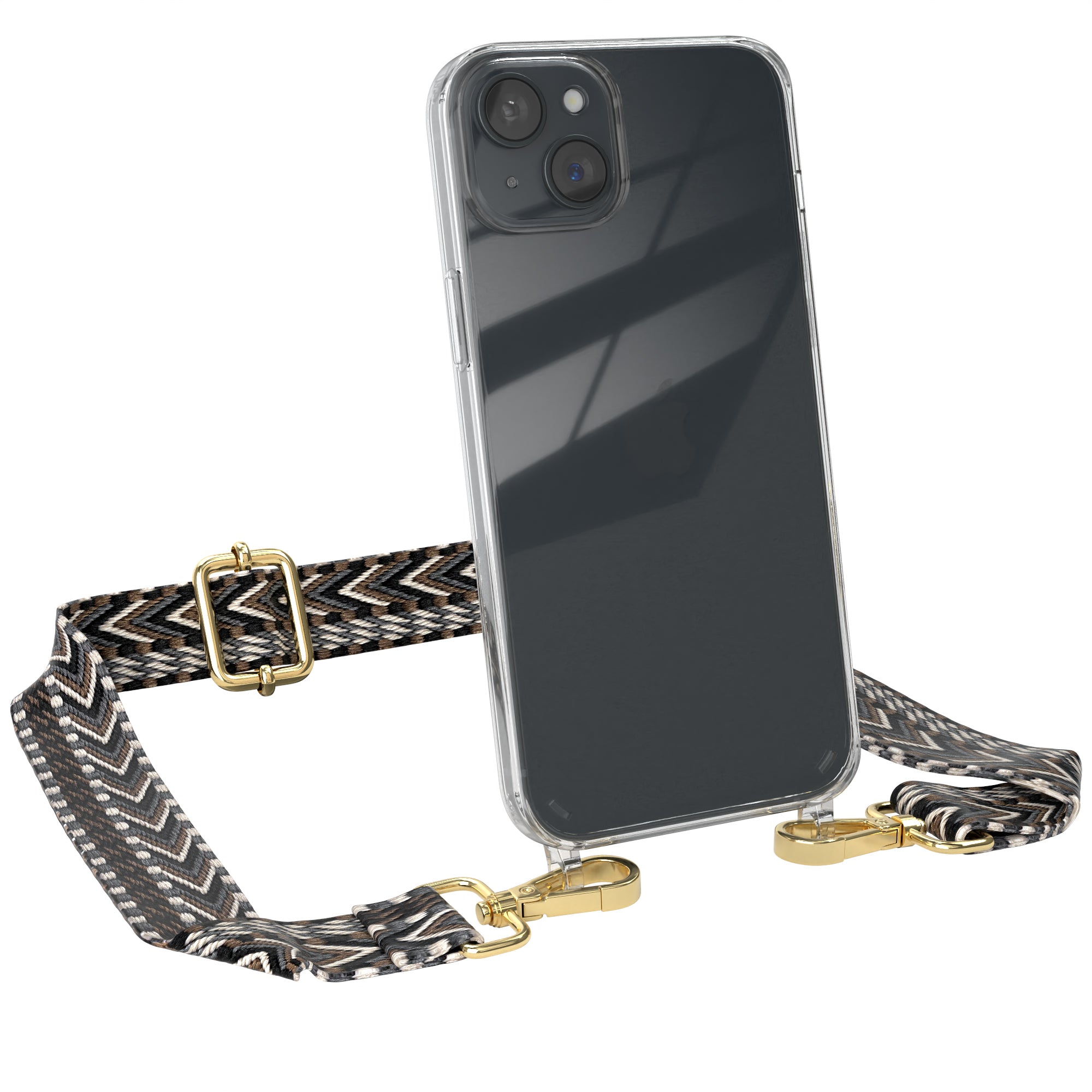 iPhone 15 Plus Handykette mit Boho Band von EAZY CASE #farbe-band_grau-schwarz_metallfarbe-gold
