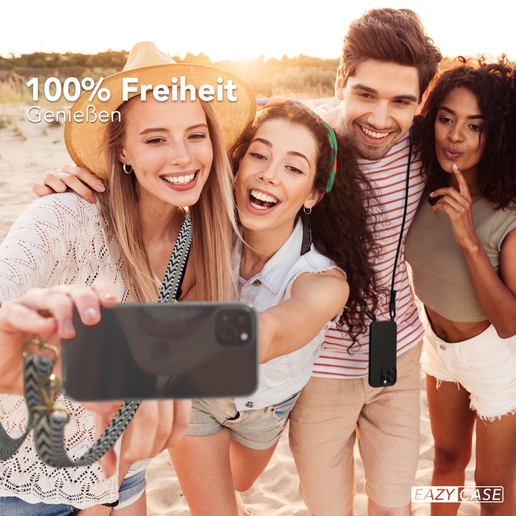 iPhone 15 Plus Handykette mit Boho Band von EAZY CASE #farbe-band_grun-schwarz_metallfarbe-gold