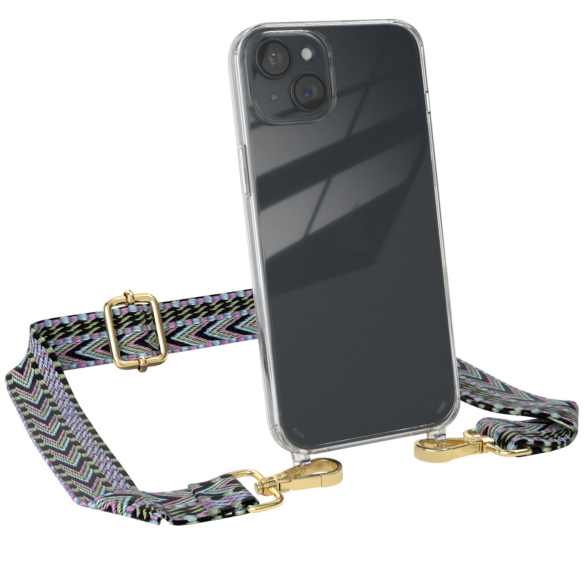 iPhone 15 Plus Handykette mit Boho Band von EAZY CASE #farbe-band_lila-grun_metallfarbe-gold