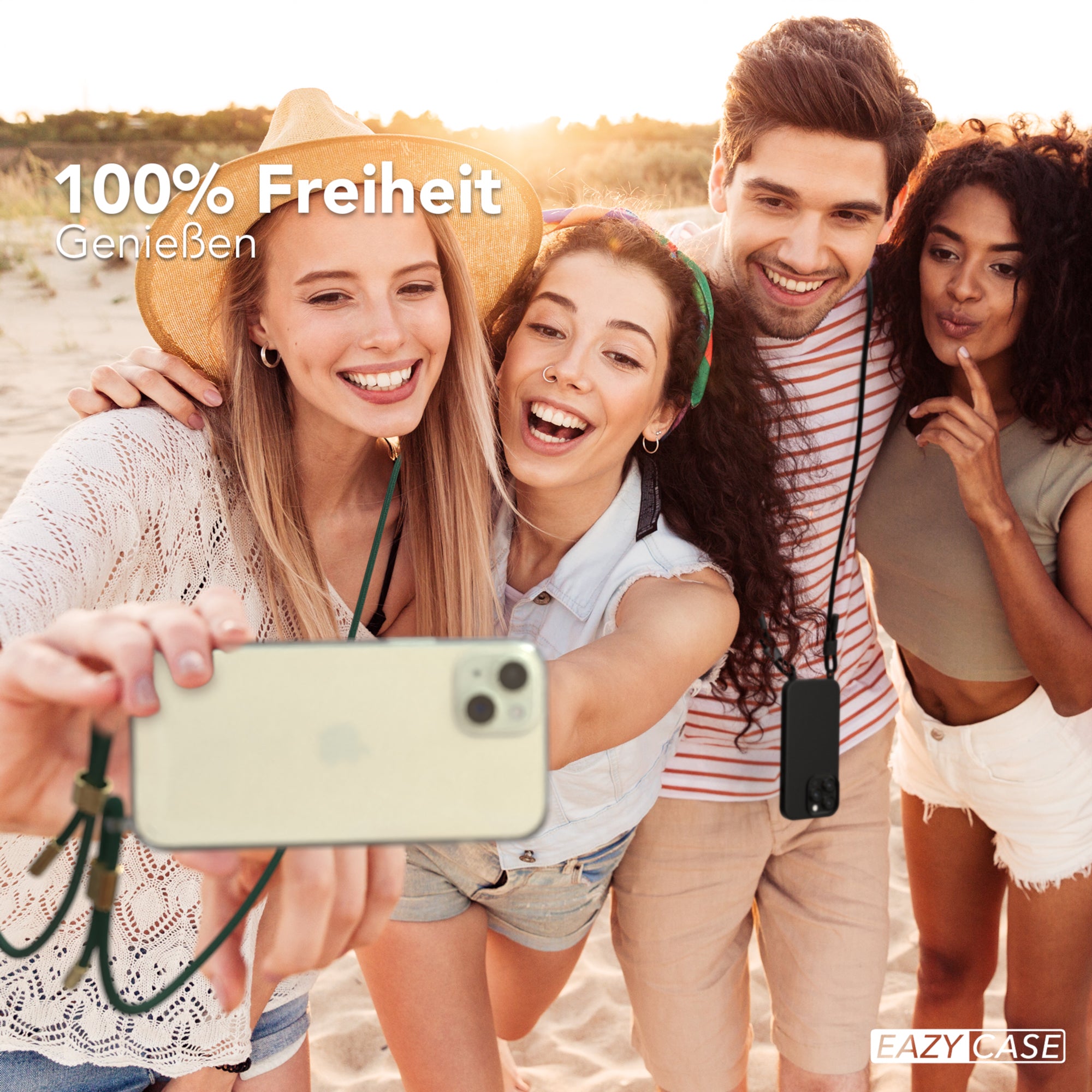 iPhone 15 Plus Hülle + Kordel mit Karabinern