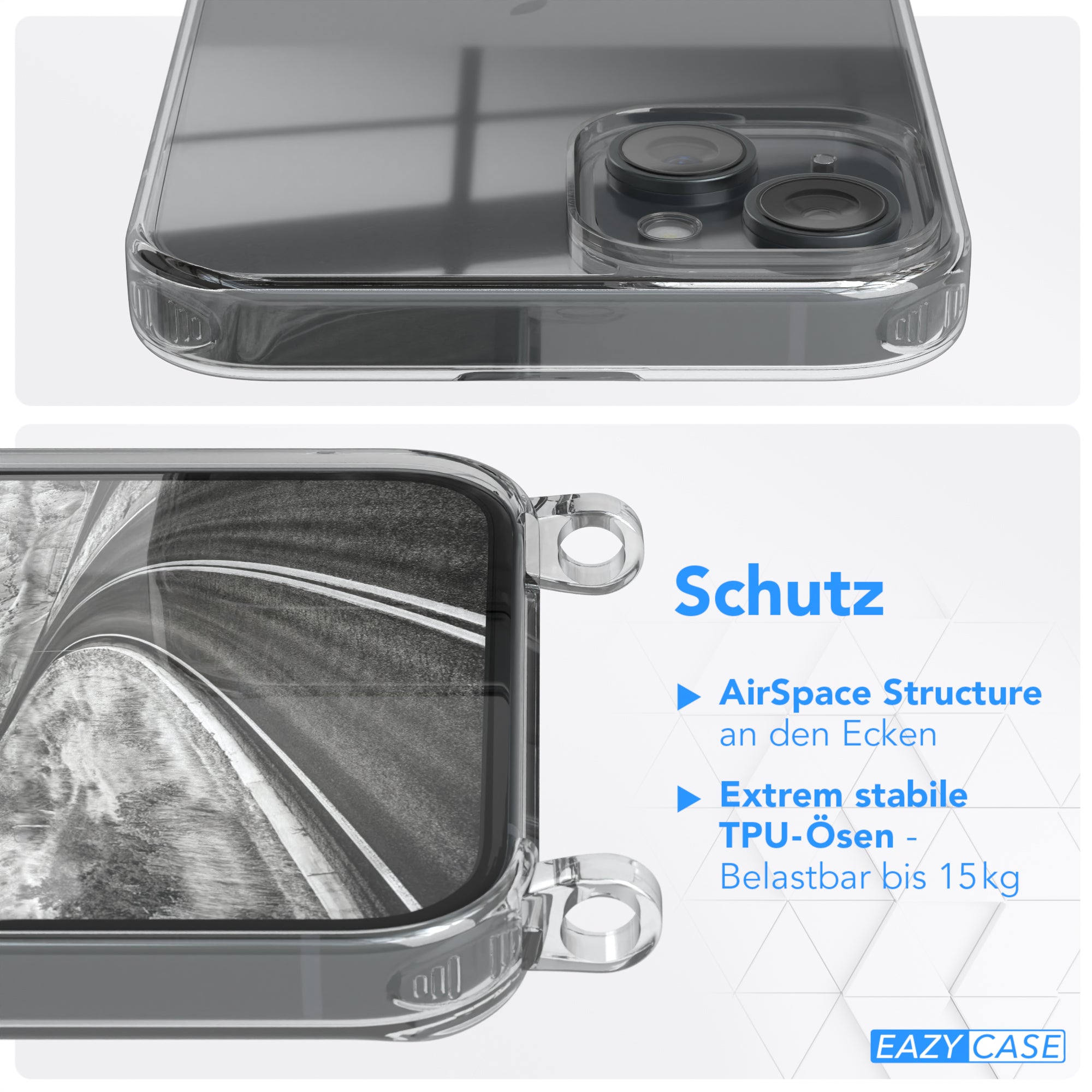 iPhone 15 Plus Hülle + Kordel mit Karabinern