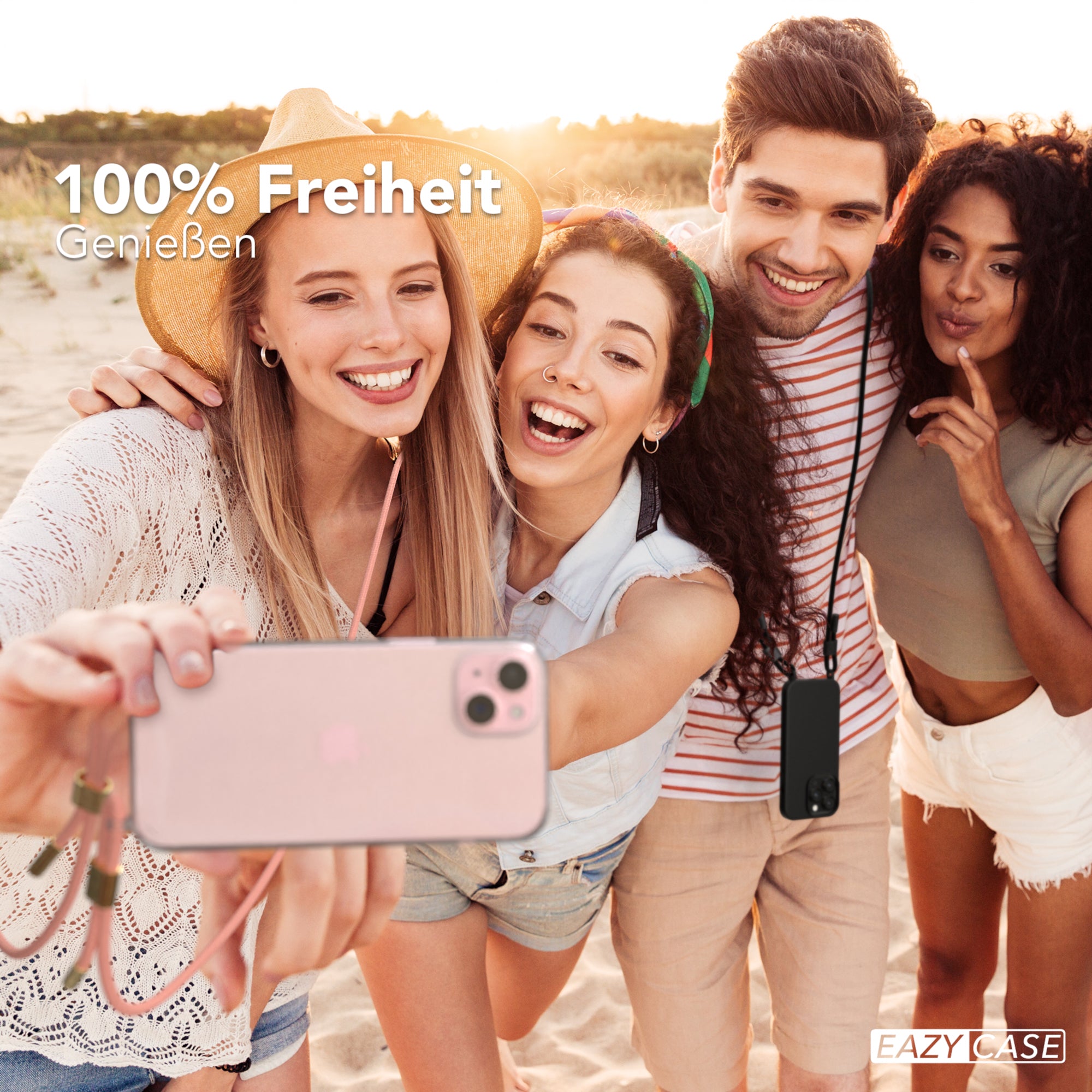 iPhone 15 Plus Hülle + Kordel mit Karabinern