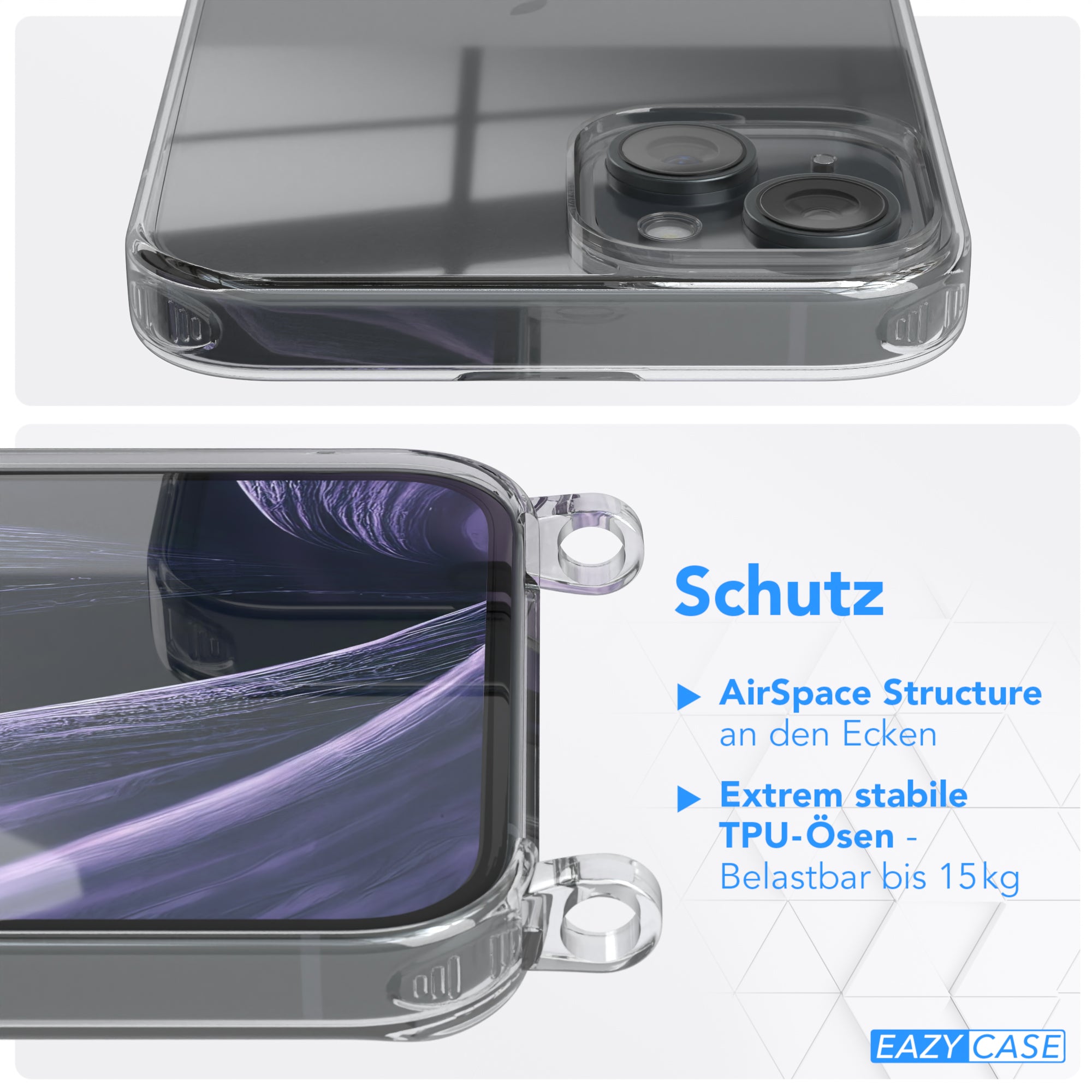 iPhone 15 Plus Hülle + Kordel mit Karabinern
