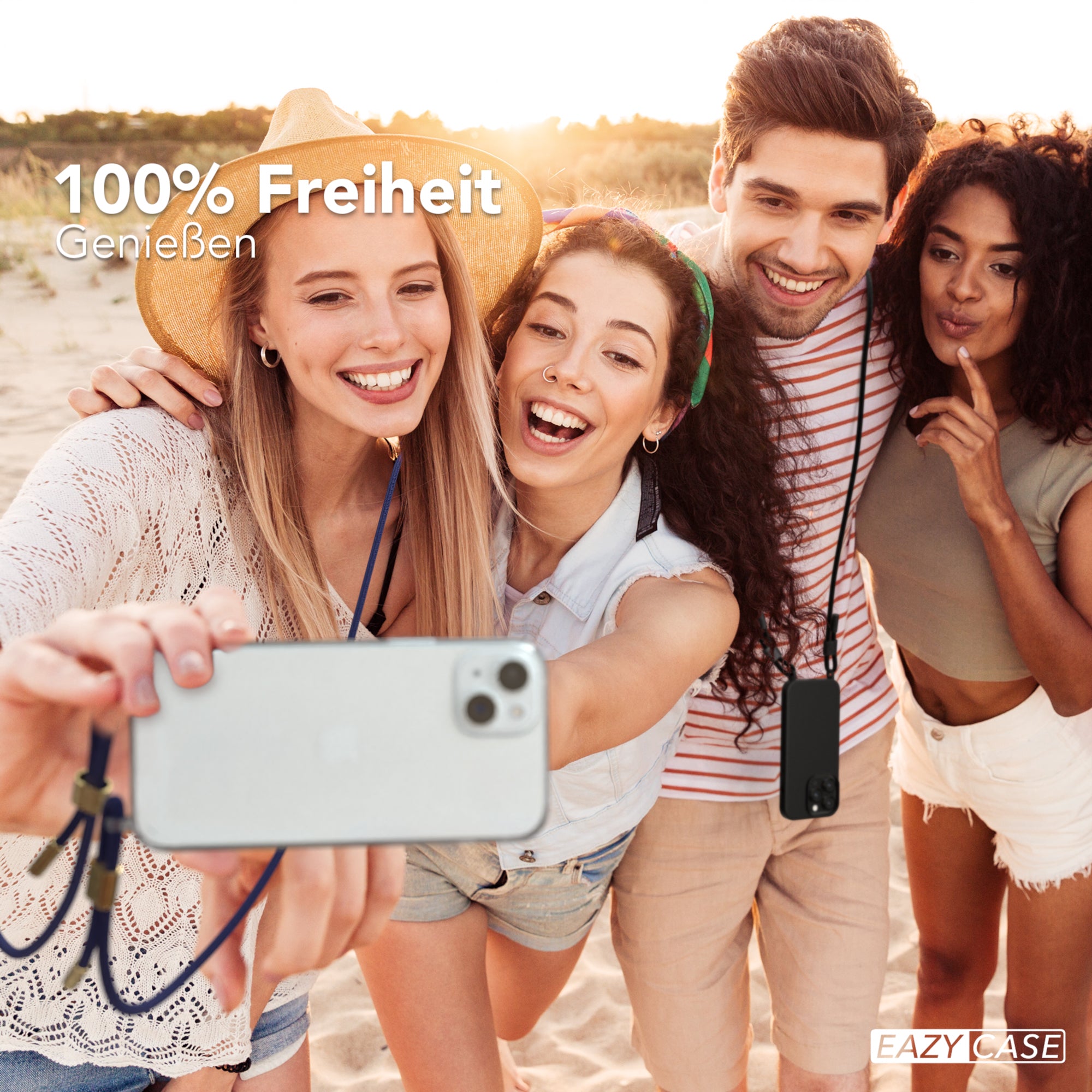 iPhone 15 Plus Hülle + Kordel mit Karabinern
