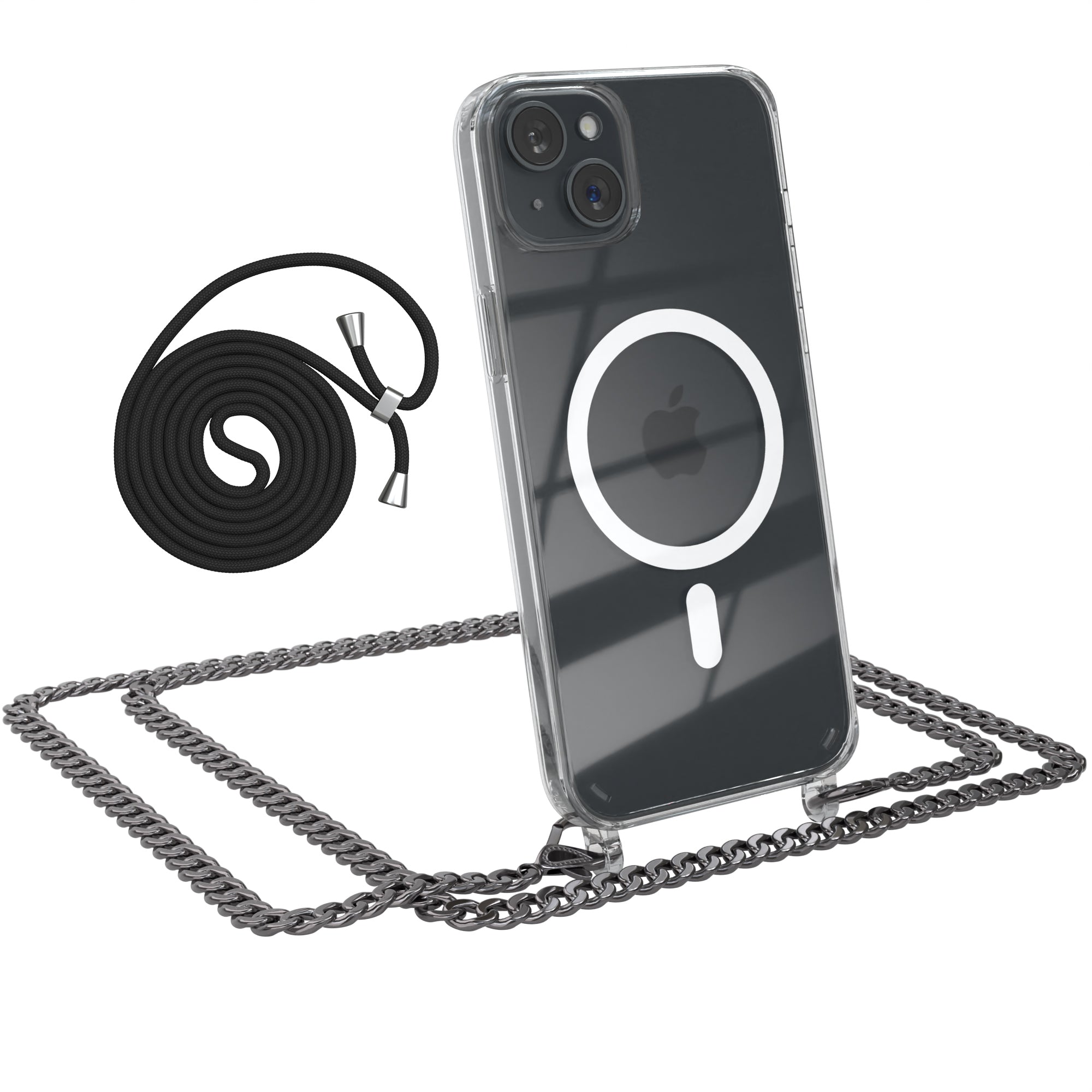 iPhone 15 Plus Hülle mit Metallkette + Schwarze Kordel mit MagSafe