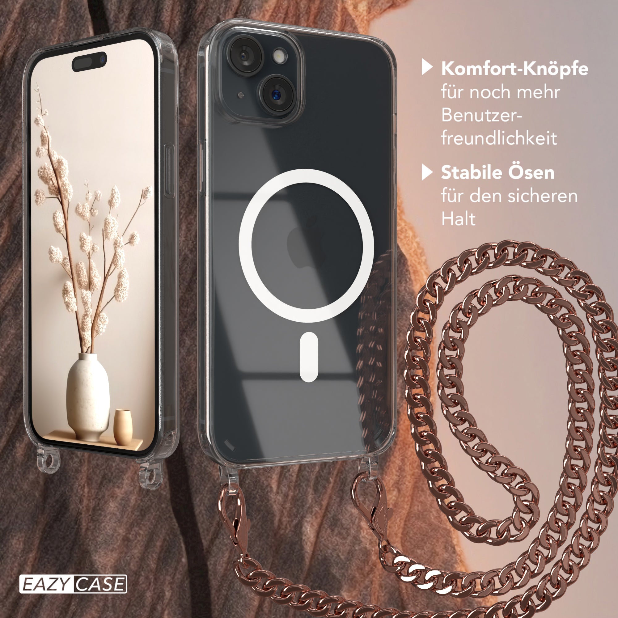 iPhone 15 Plus Hülle mit Metallkette + Schwarze Kordel mit MagSafe