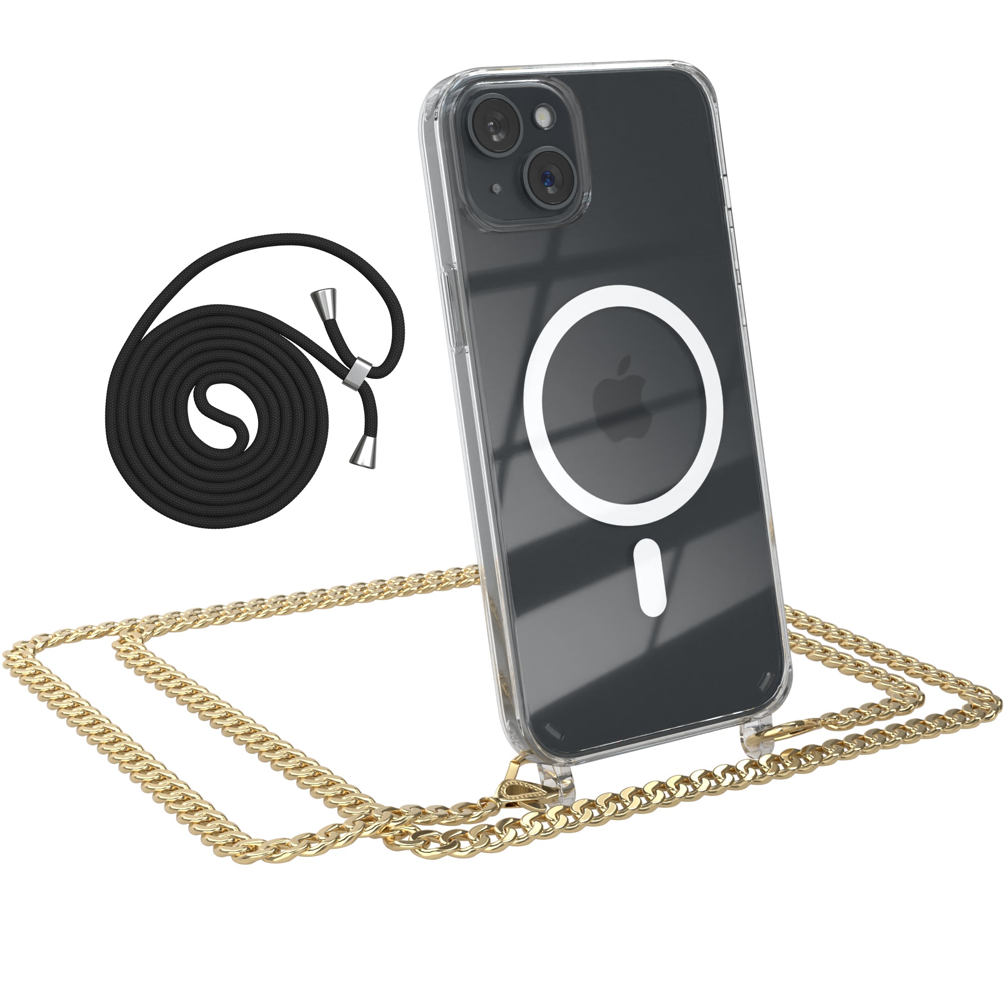 iPhone 15 Plus Hülle mit Metallkette + Schwarze Kordel mit MagSafe