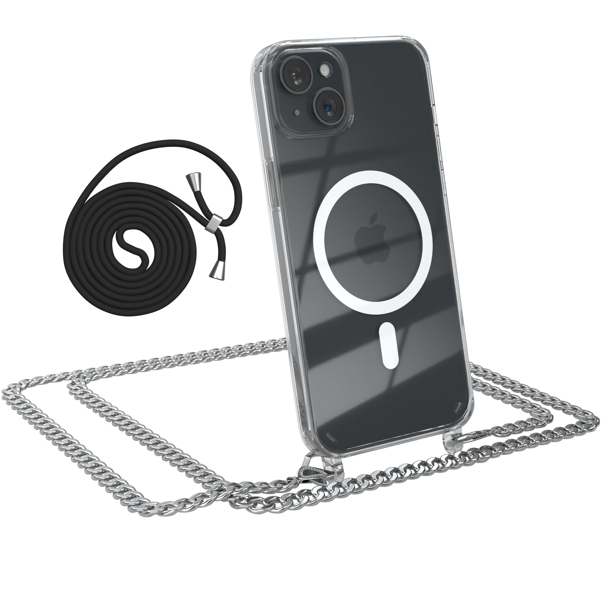 iPhone 15 Plus Hülle mit Metallkette + Schwarze Kordel mit MagSafe