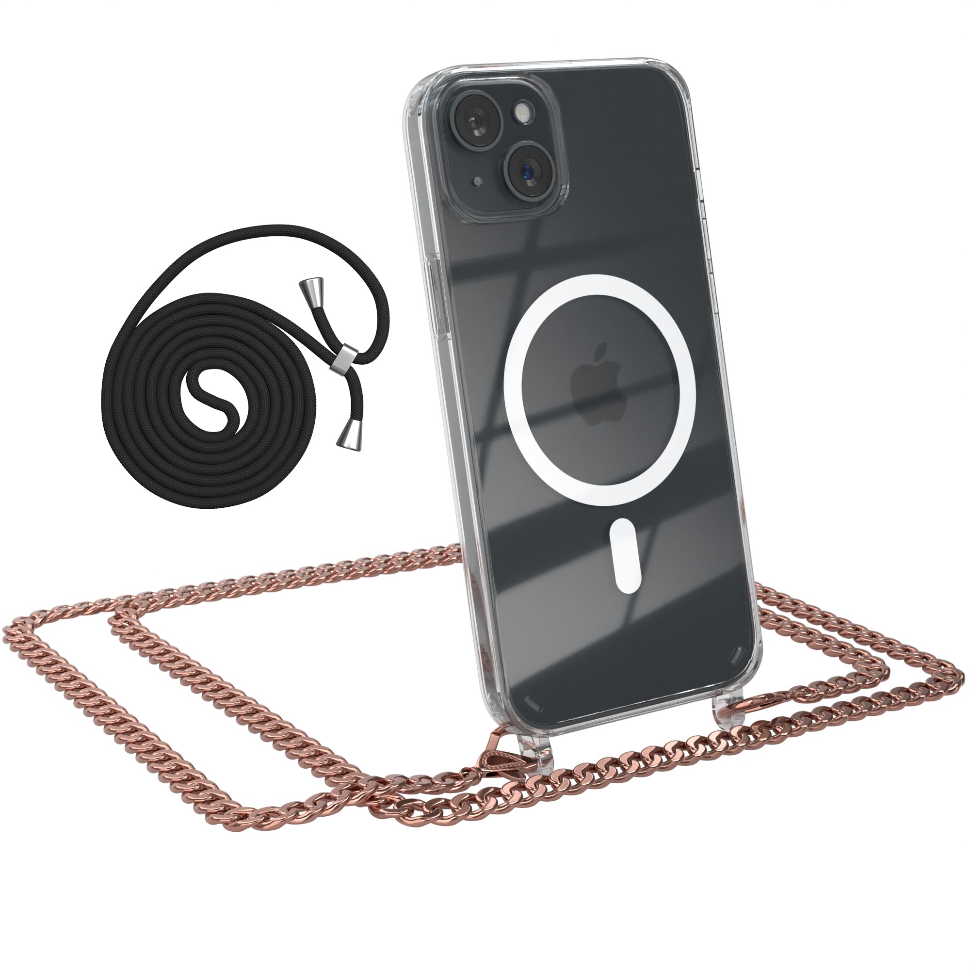 iPhone 15 Plus Hülle mit Metallkette + Schwarze Kordel mit MagSafe
