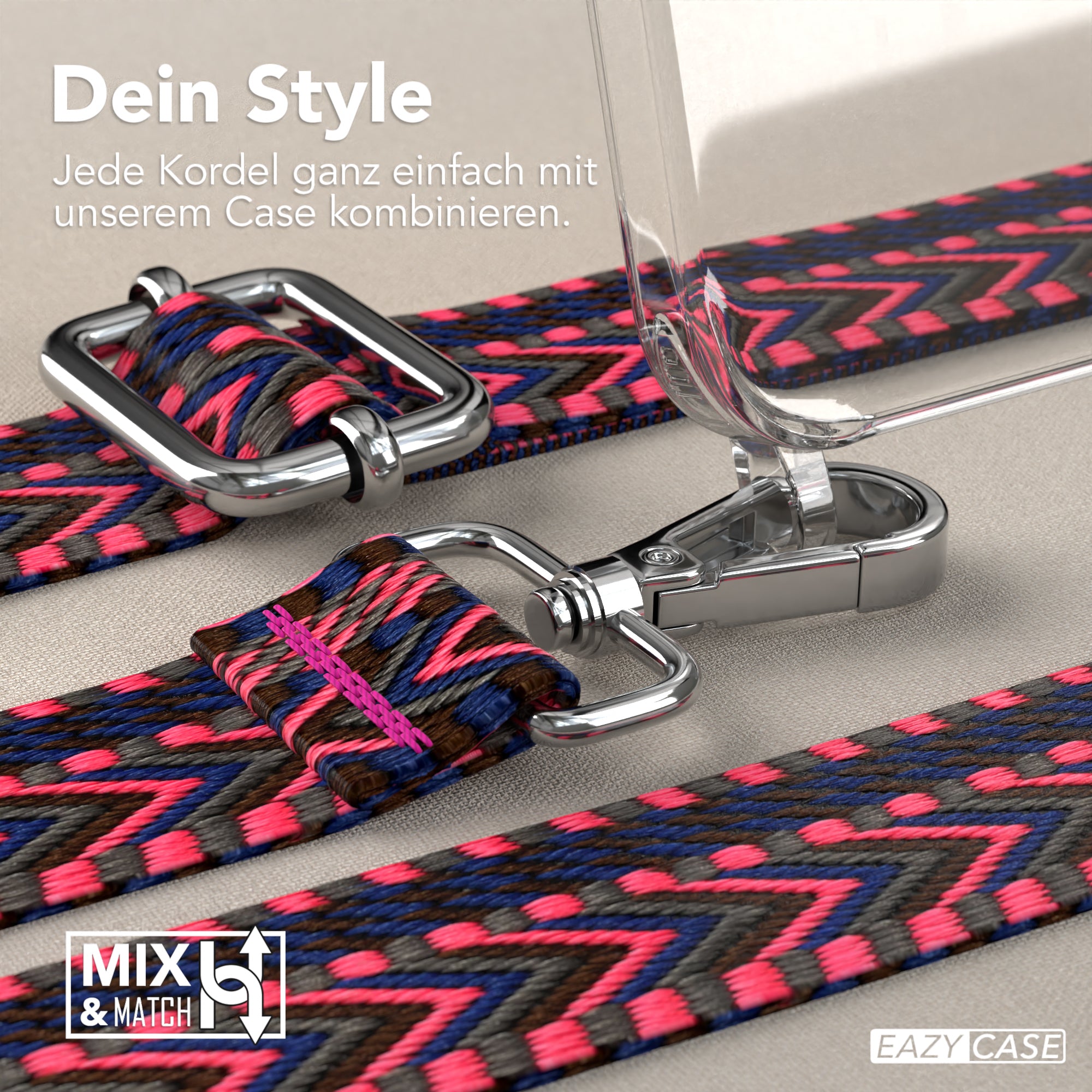 iPhone 15 Pro Max Handykette mit verstellbarem Boho Band Set #farbe-band_pink-blau_metallfarbe-silber