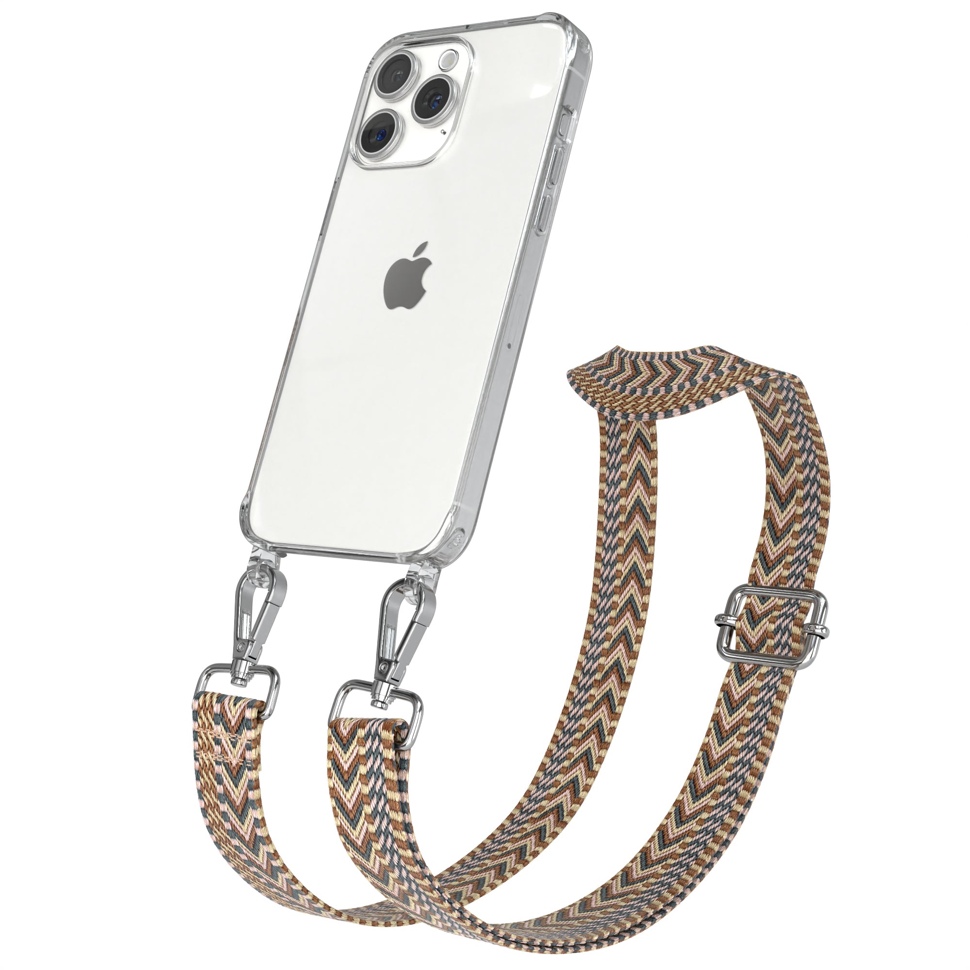 iPhone 15 Pro Max Handykette mit verstellbarem Boho Band Set #farbe-band_hellbraun-braun_metallfarbe-silber