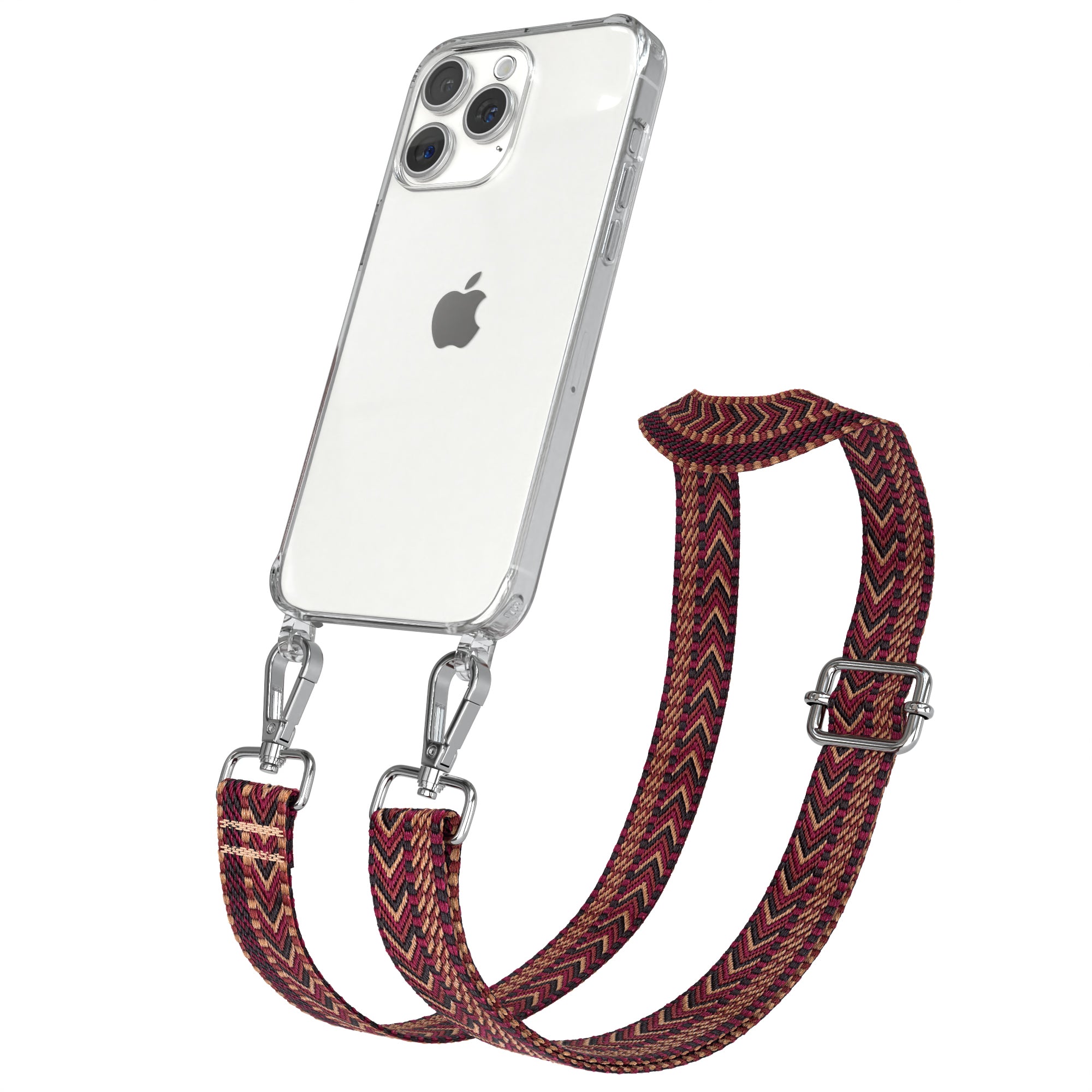 iPhone 15 Pro Max Handykette mit verstellbarem Boho Band Set #farbe-band_rot-braun_metallfarbe-silber
