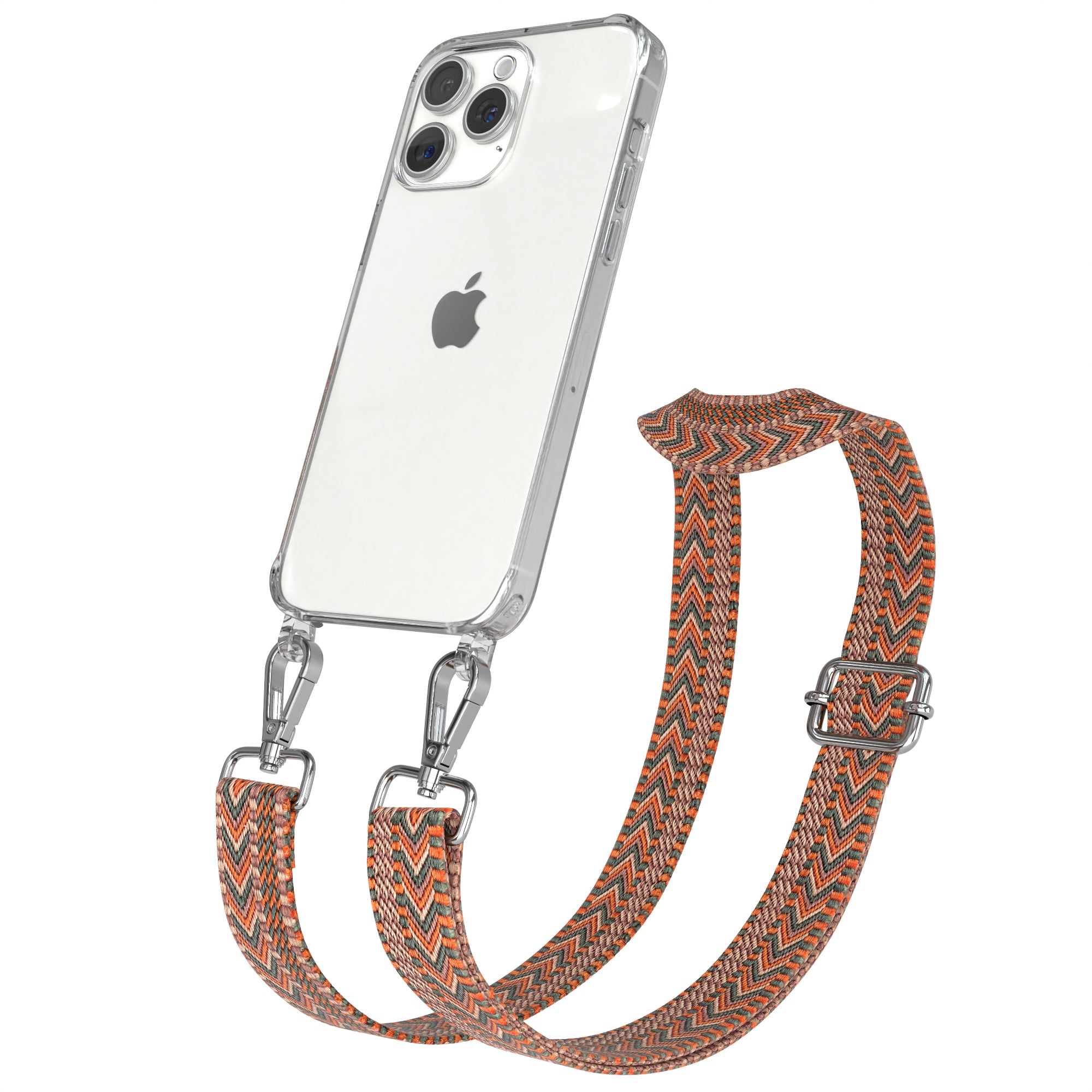 iPhone 15 Pro Max Handykette mit verstellbarem Boho Band Set #farbe-band_orange-grun_metallfarbe-silber